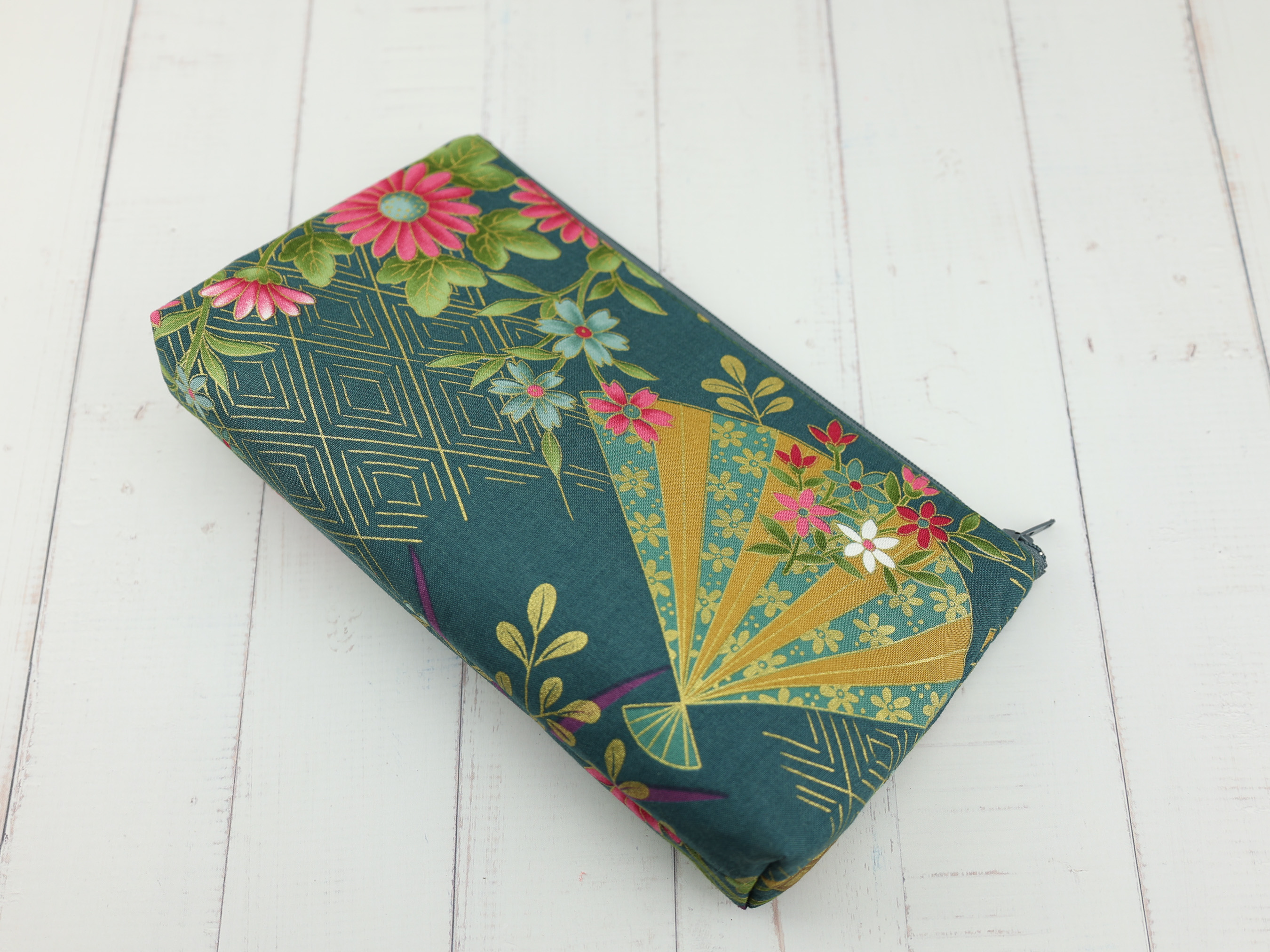 Fan and Chrysanthemum Zipper Pouch – Japanese Floral Makeup Bag, Green Cotton Gift for Her