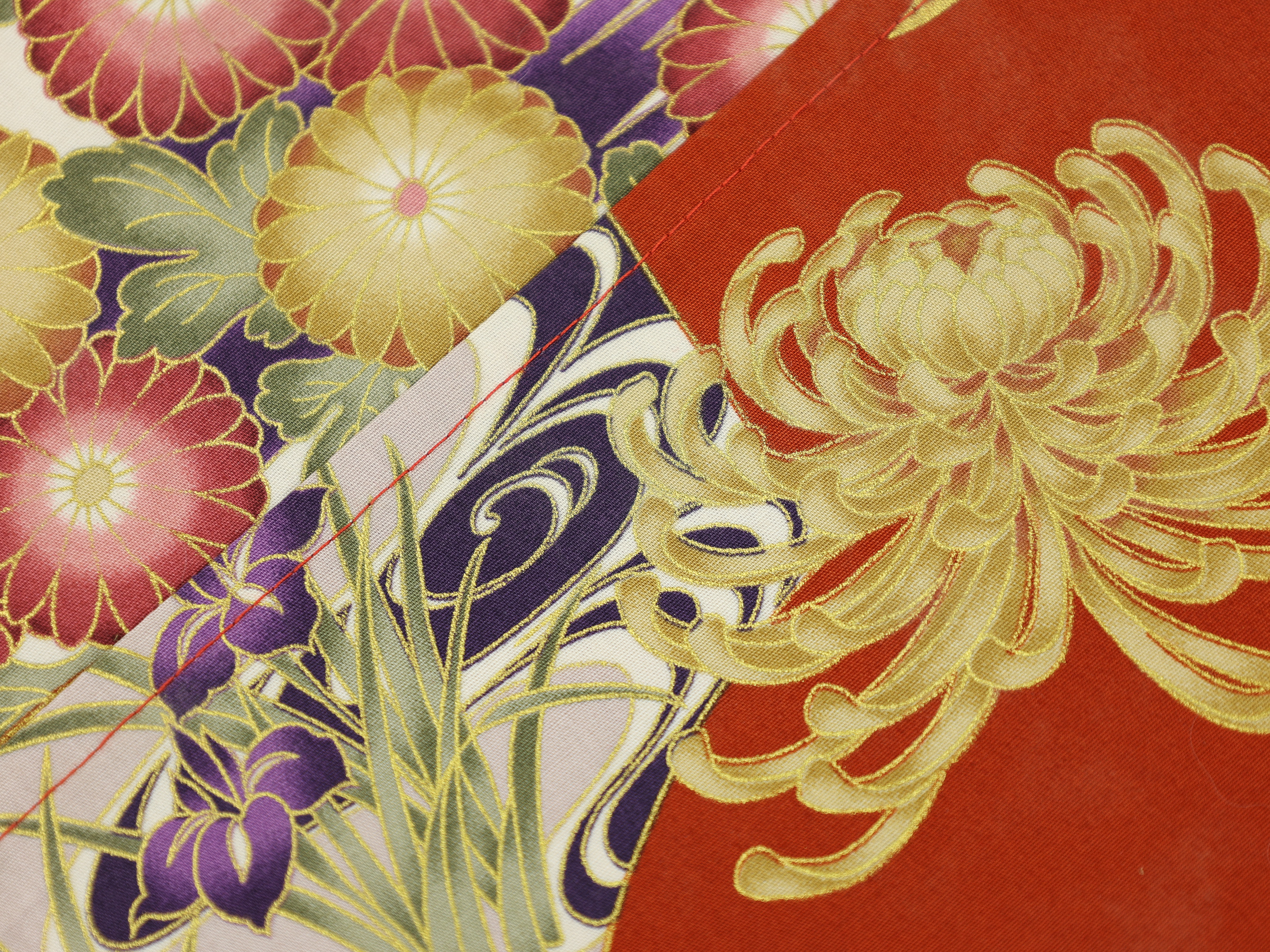 Japanese Azuma Bag – Red Fan & Chrysanthemum Fabric with Bamboo Leaves, Unlined Cotton Tote, Handmade in Canada