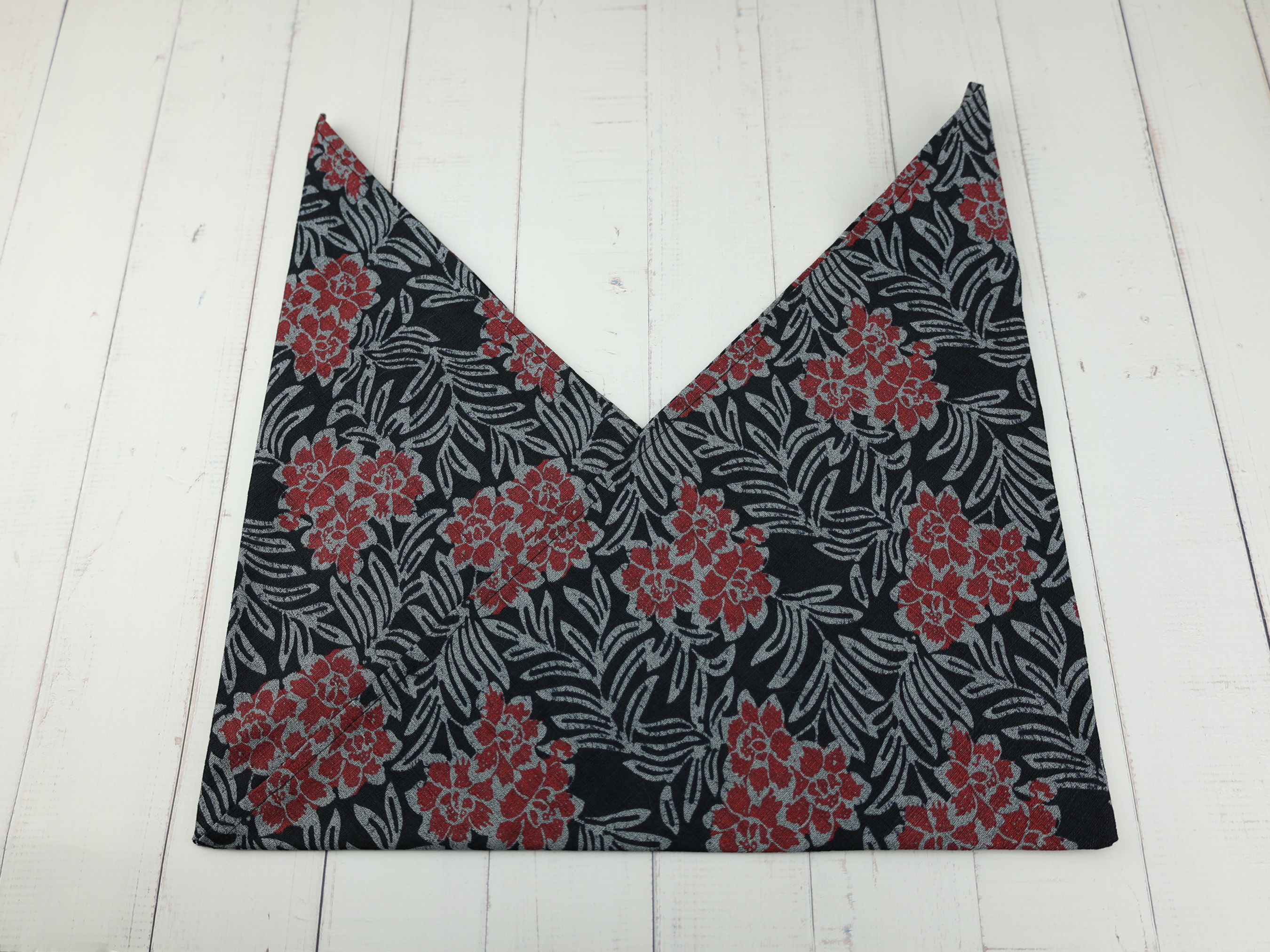Japanese Azuma Bag – Black & Red Floral Fabric, Unlined Cotton Eco Tote, Handmade in Canada