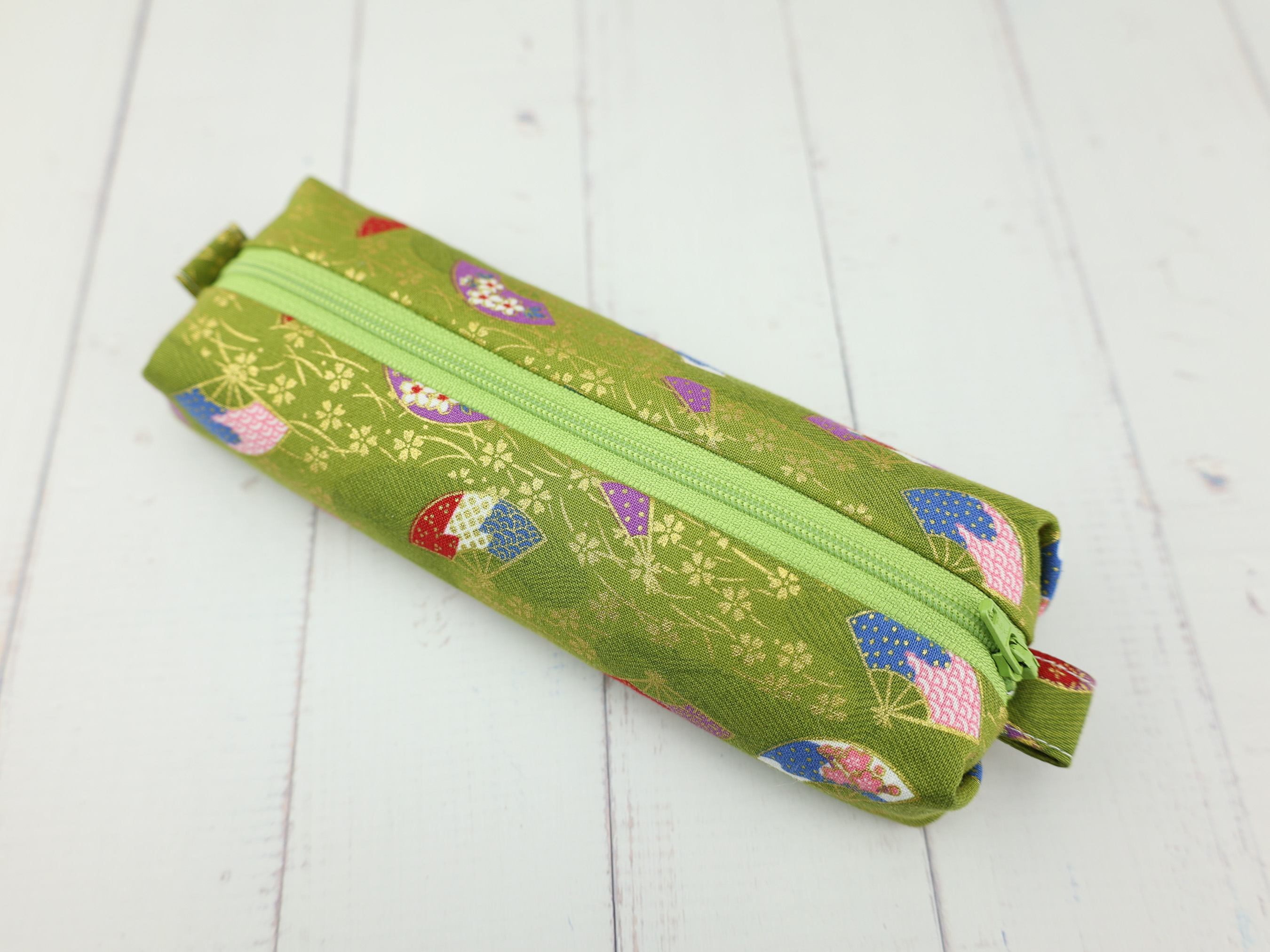 Folding Fan Zipper Pouch – Soft Japanese Pencil Case in Green Kimono Fabric, Gold Floral Accent