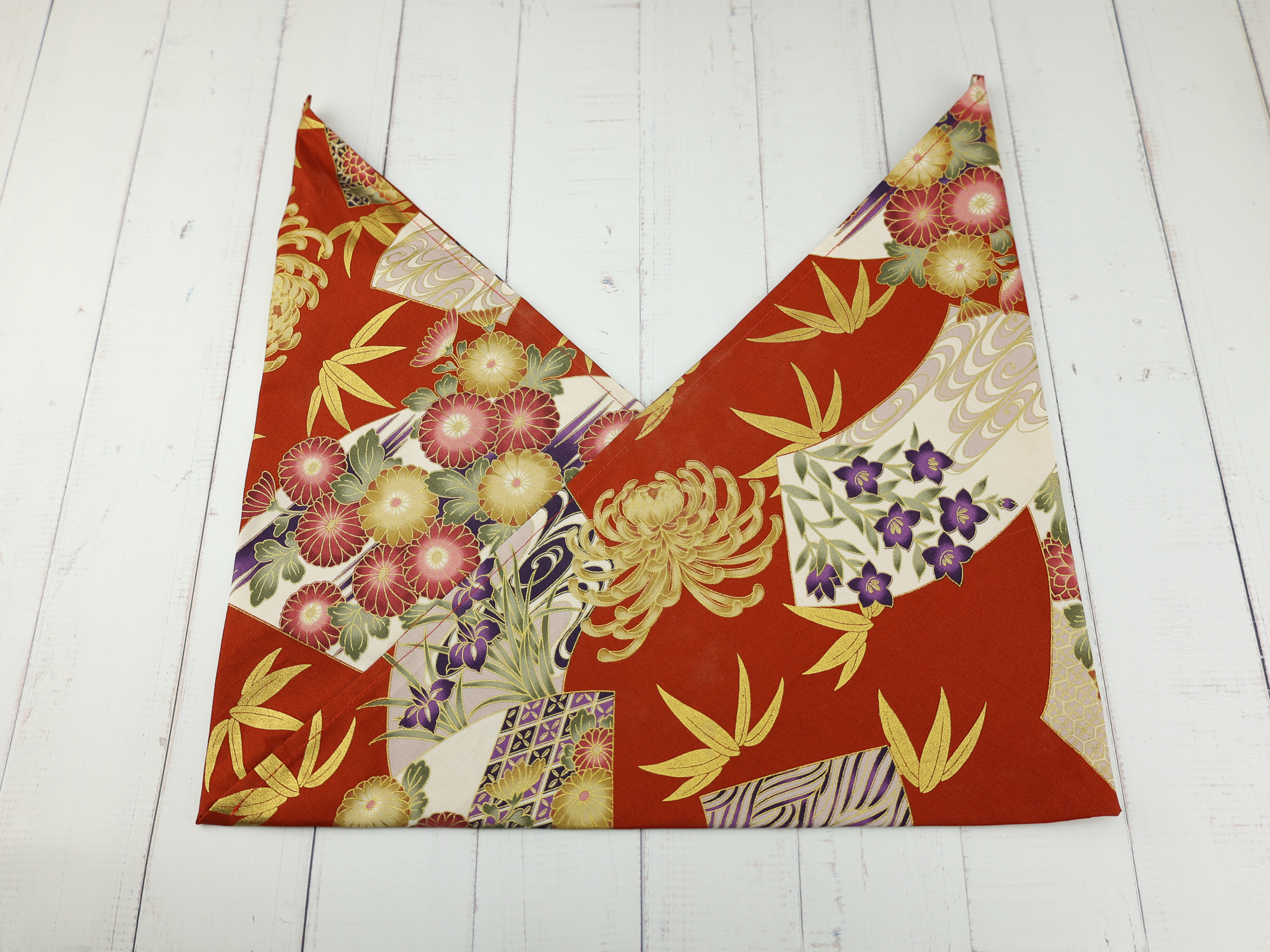 Japanese Azuma Bag – Red Fan & Chrysanthemum Fabric with Bamboo Leaves, Unlined Cotton Tote, Handmade in Canada