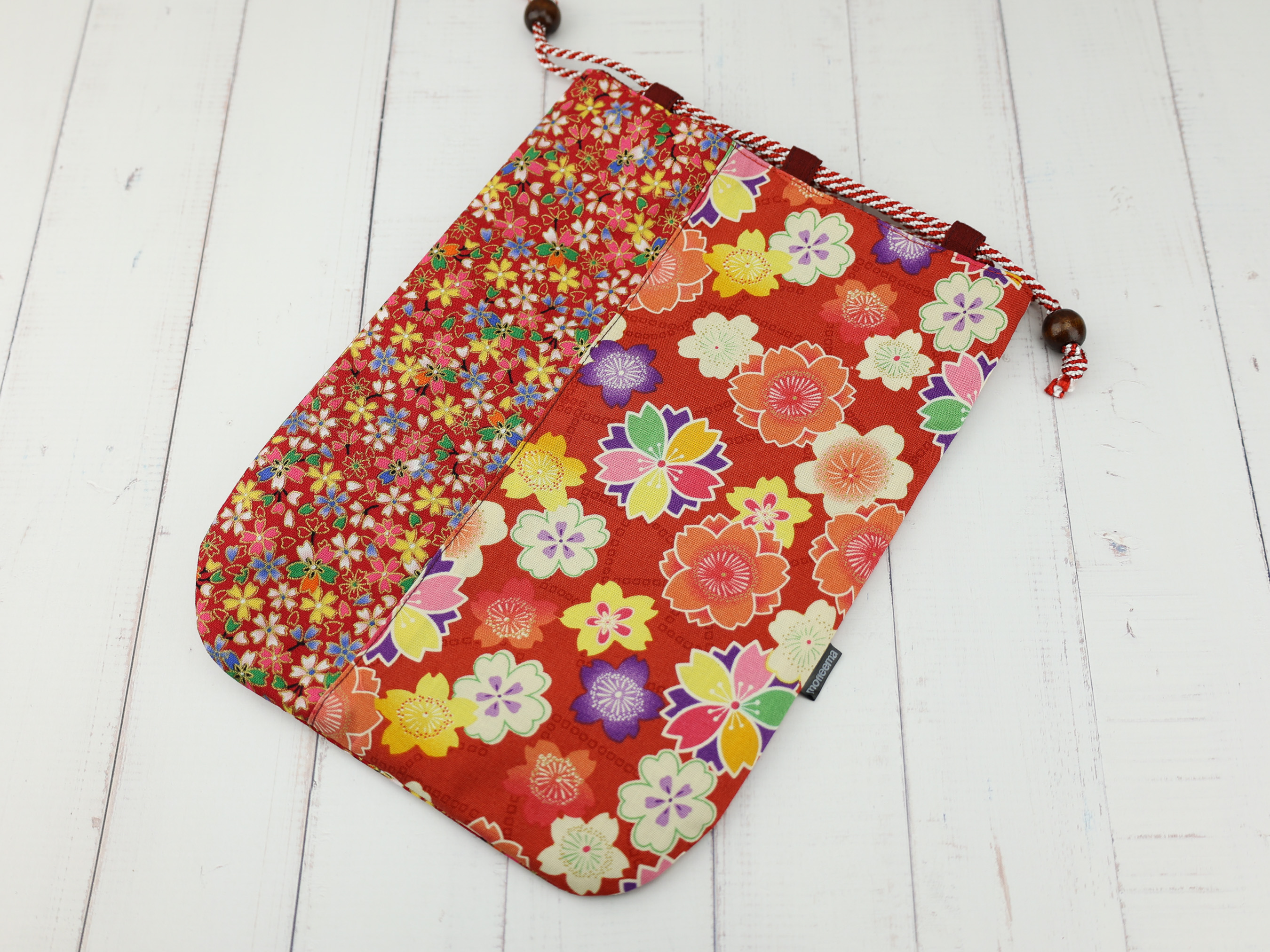 Bright Floral Kinchaku Pouch, Japanese Red Drawstring Gift Bag, Colorful Sakura Ume Print