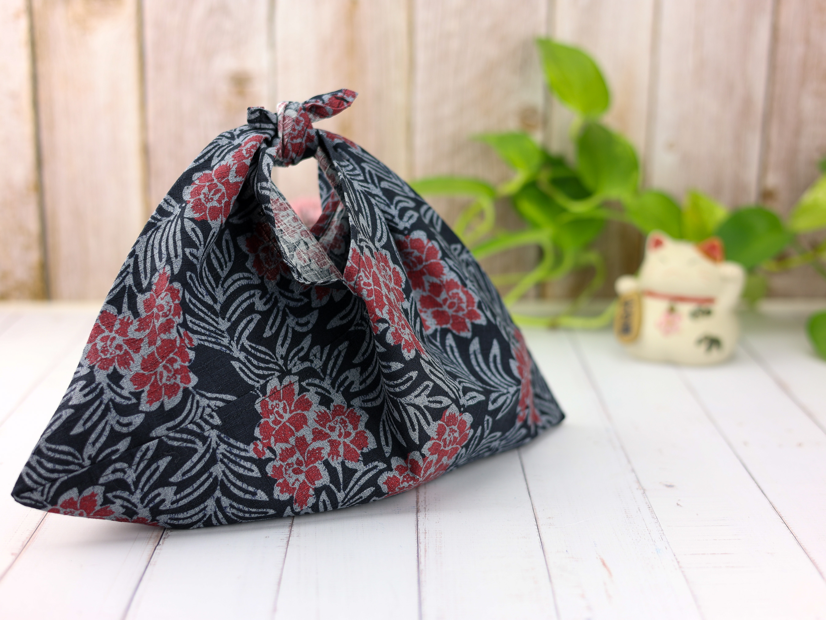 Japanese Azuma Bag – Black & Red Floral Fabric, Unlined Cotton Eco Tote, Handmade in Canada