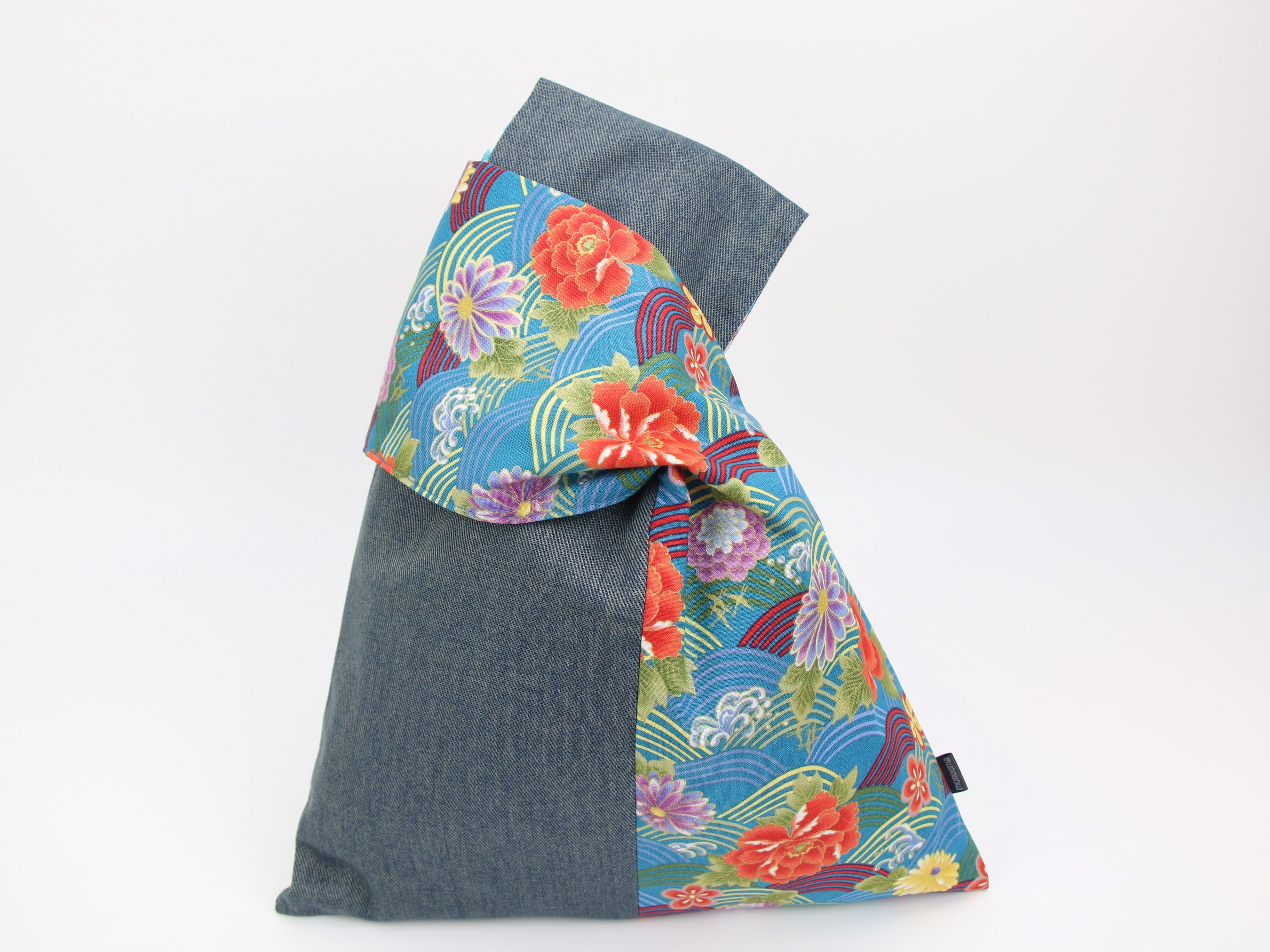 Japanese Knot Bag: Reversible Cotton Denim Peony Print