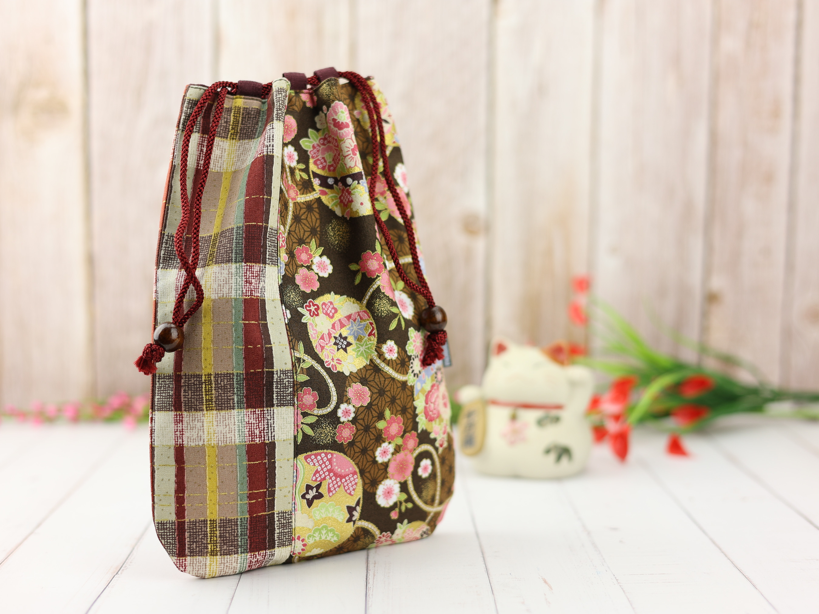 Japanese Temari and Sakura Kinchaku Pouch, Brown Drawstring Gift Bag with Floral Ball Pattern