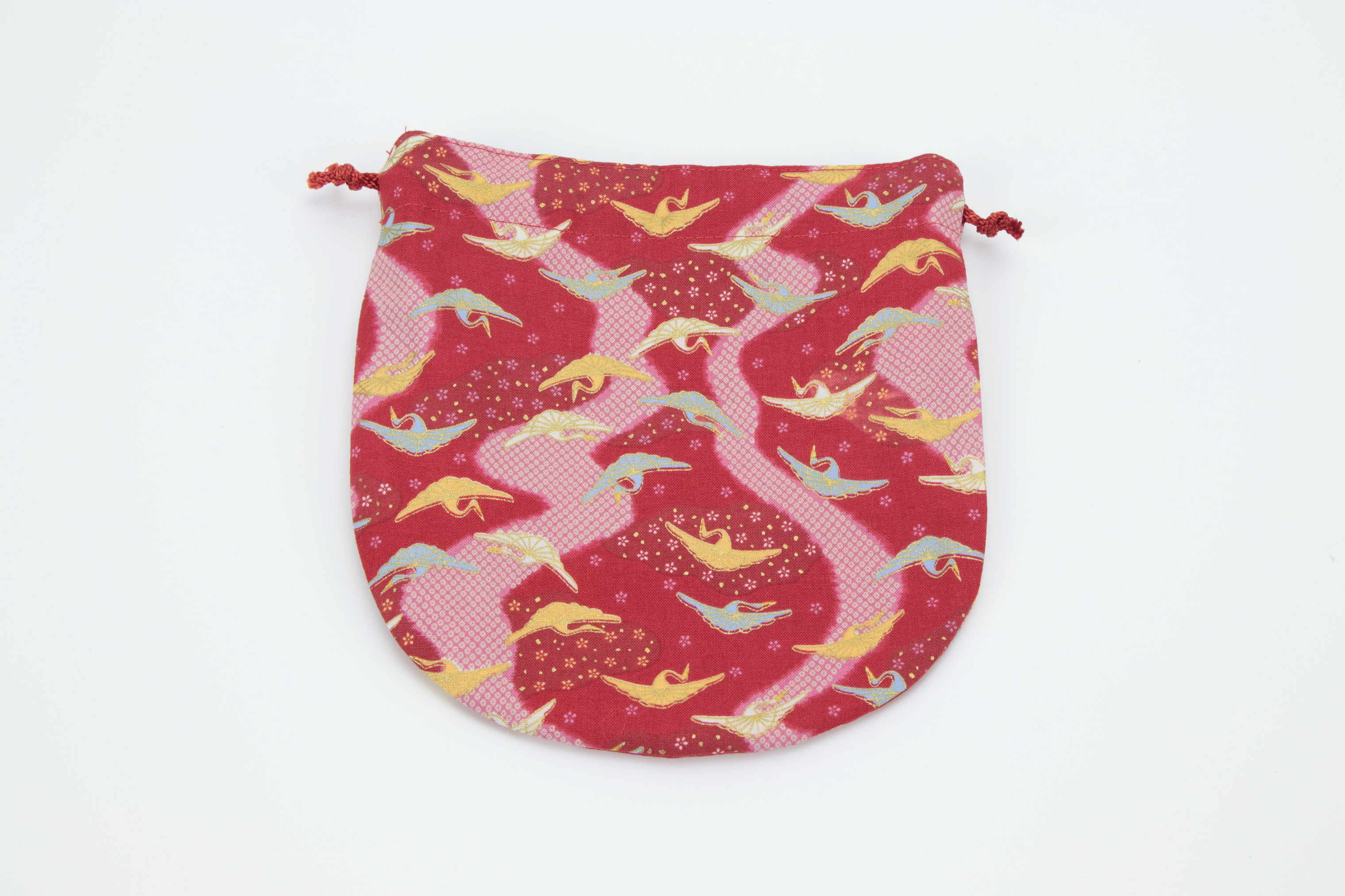 Retro Drawstring Pouch, Mother's Day Gift Idea, Small Make-up Bag, Kimono Cotton, Crane Red