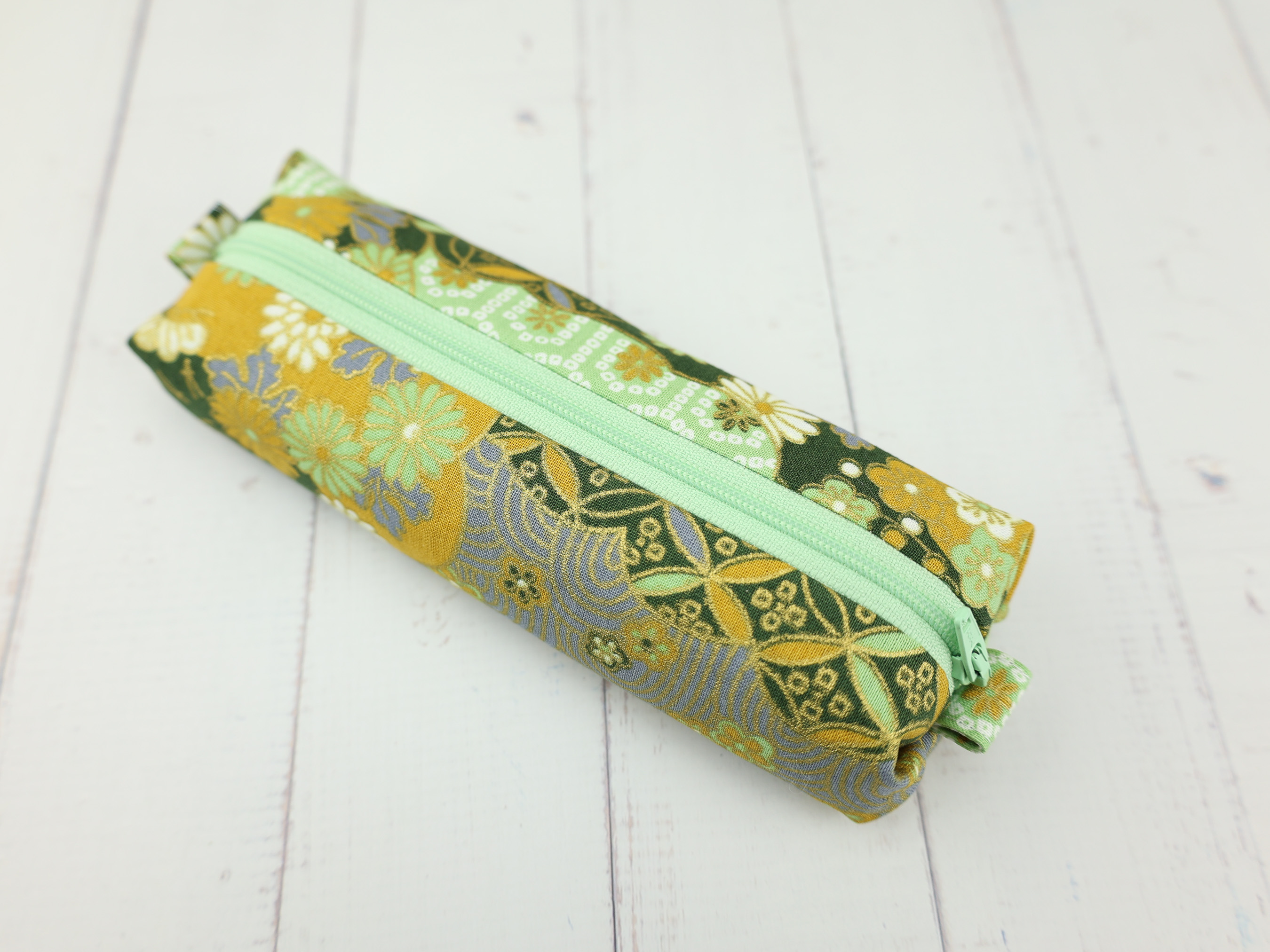 Chrysanthemum Pencil Case – Soft Zipper Pouch in Japanese Kimono Fabric, Green & Gold Floral Design