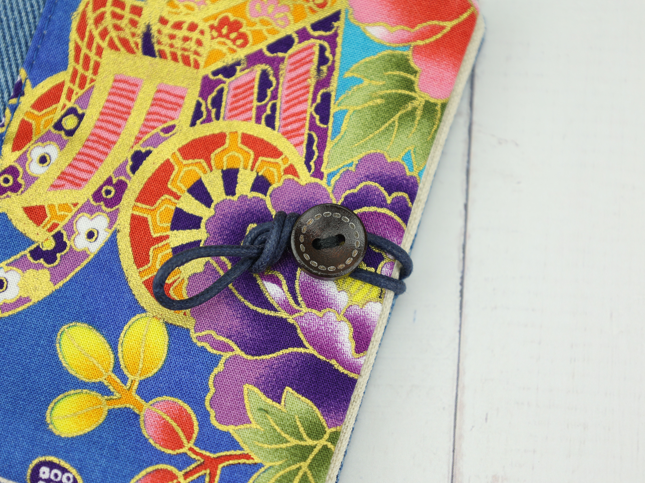 Festival Cart & Peony Pad Holder – Japanese Blue Gold Pouch with Floral and Dashi Motif
