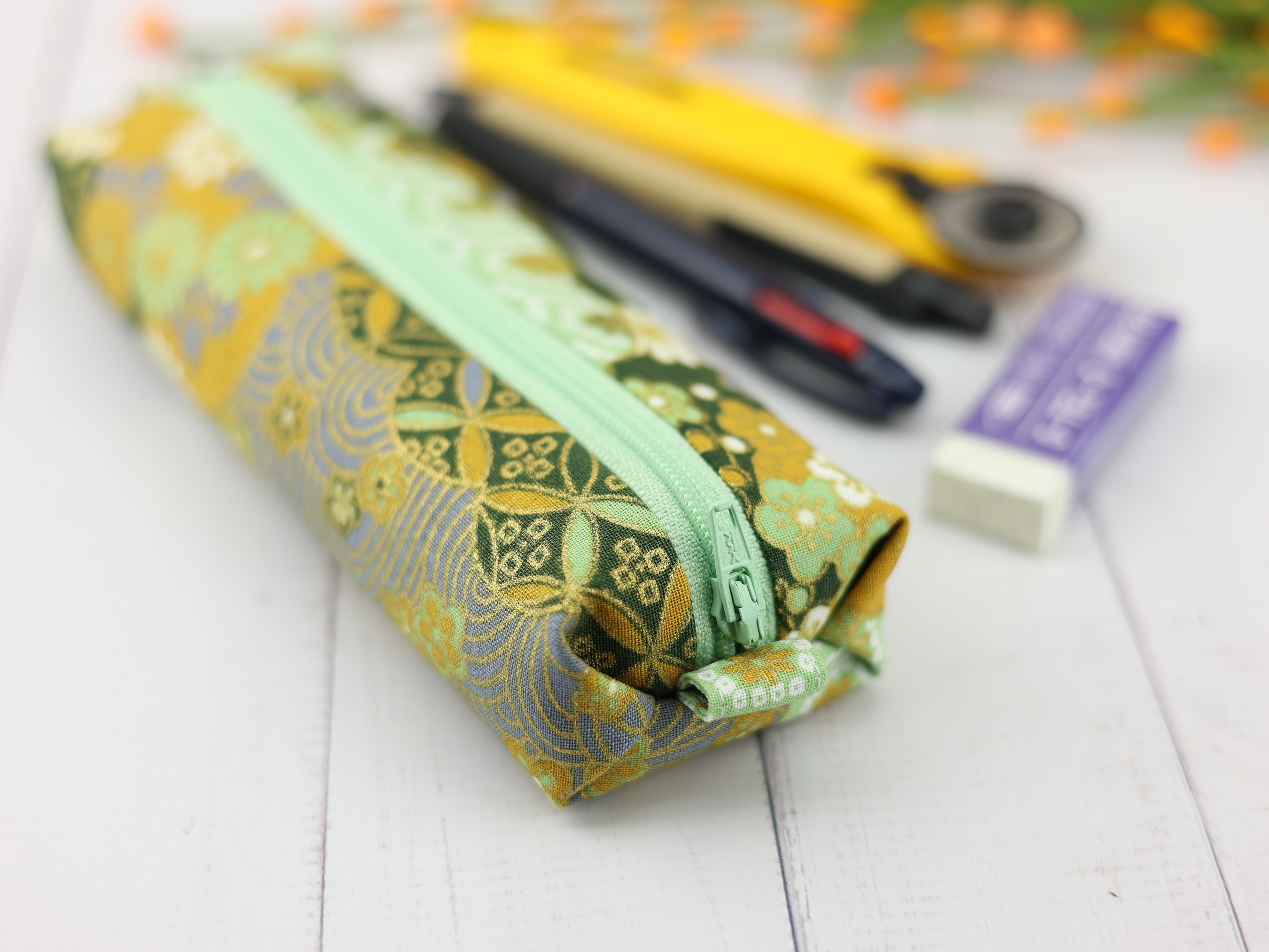 Chrysanthemum Pencil Case – Soft Zipper Pouch in Japanese Kimono Fabric, Green & Gold Floral Design