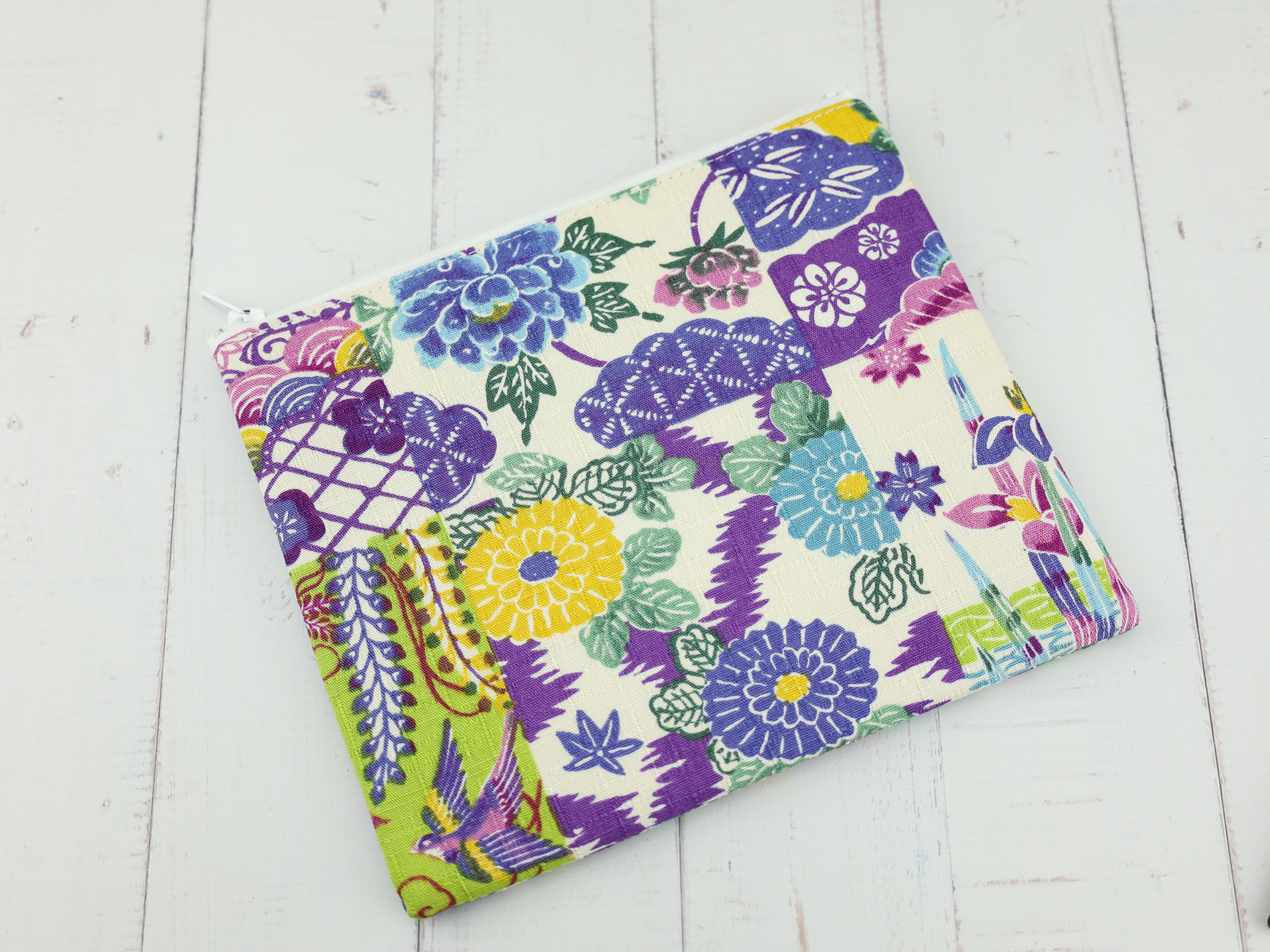 Colorful Japanese Pouch – Traditional Zipper Bag with Flowers, Bird and Geometric Wagara Mix