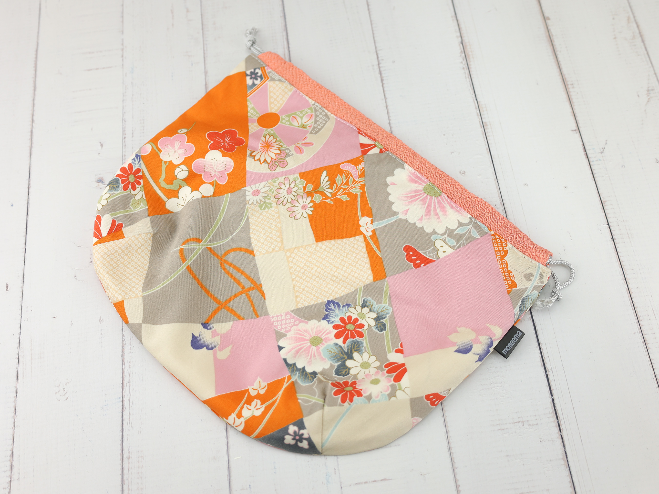 Japanese Patchwork Floral Drawstring Pouch – Orange Pink Kimono Fabric Bag