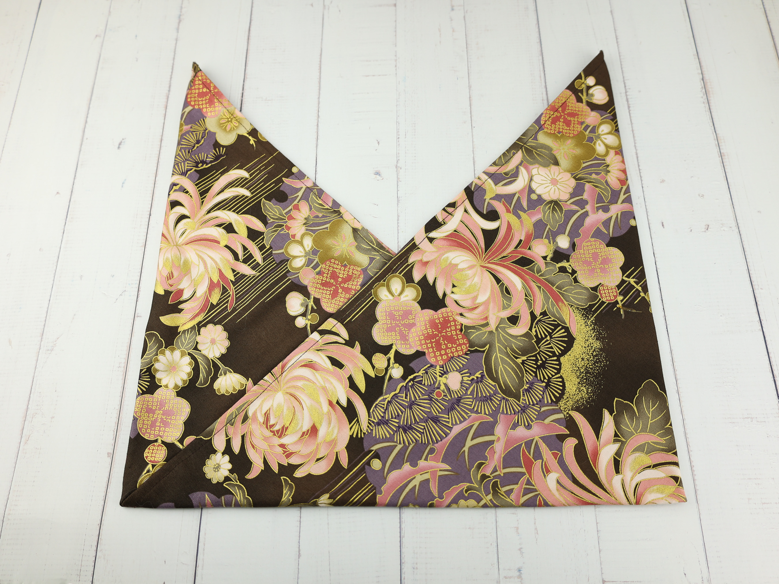 Japanese Azuma Bag – Brown Chrysanthemum & Plum Fabric, Unlined Cotton Eco Tote, Handmade in Canada