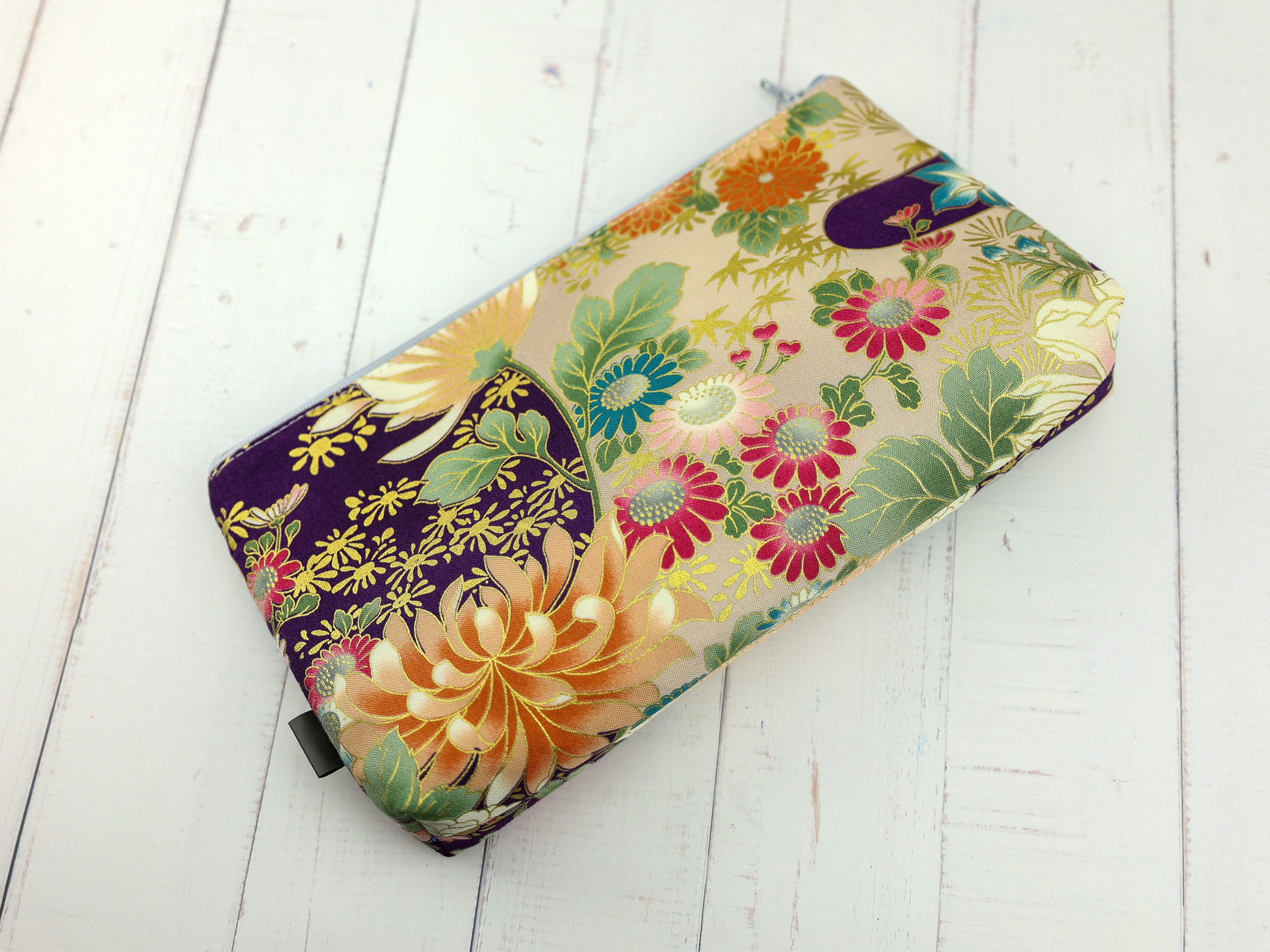 Large Chrysanthemum Zipper Pouch – Japanese Kimono Fabric Bag in Purple and Gold