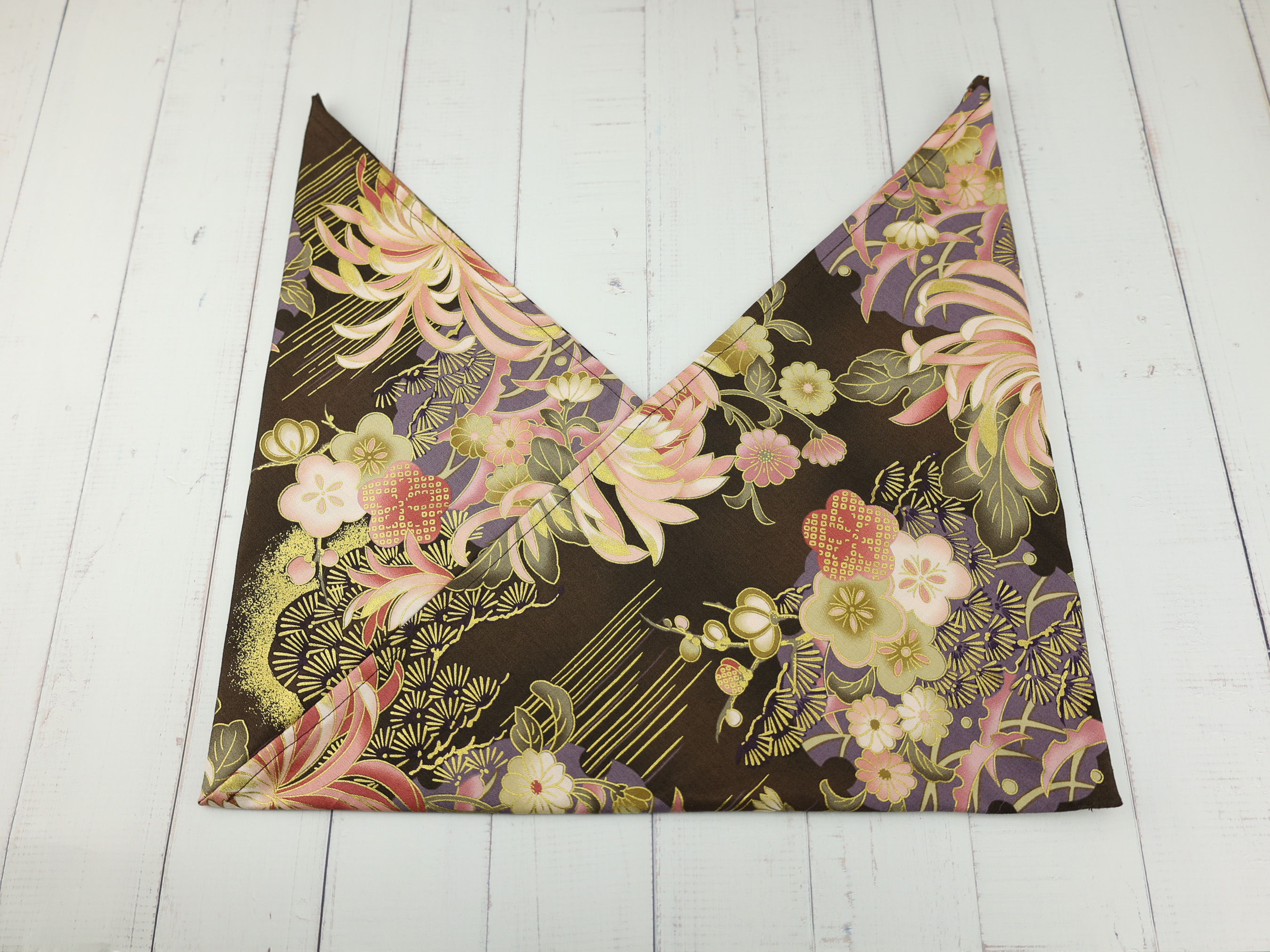 Japanese Azuma Bag – Brown Chrysanthemum & Plum Fabric, Unlined Cotton Eco Tote, Handmade in Canada