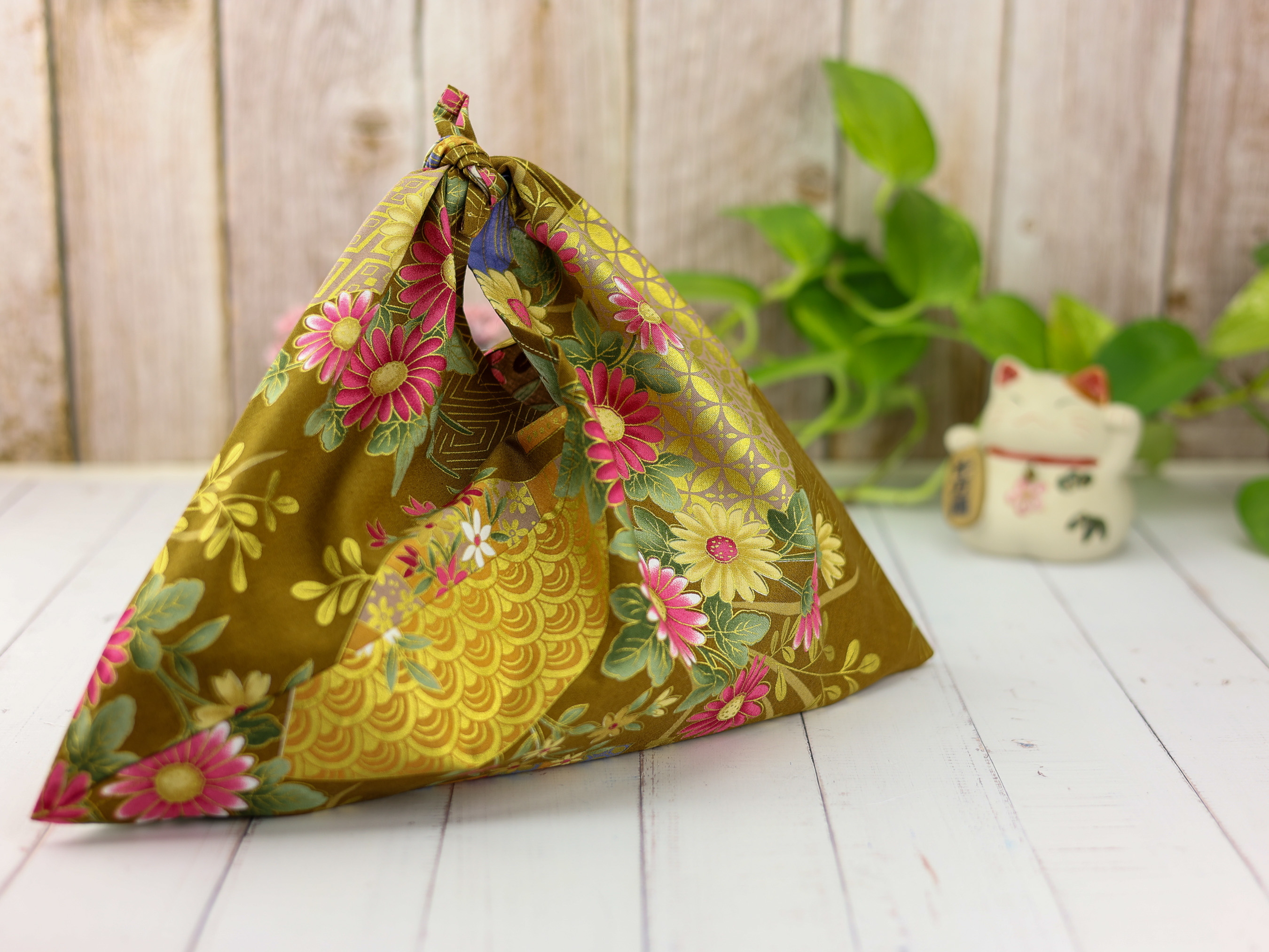Japanese Azuma Bag – Golden Chrysanthemum & Kikkō Pattern, Unlined Cotton Tote, Handmade in Canada