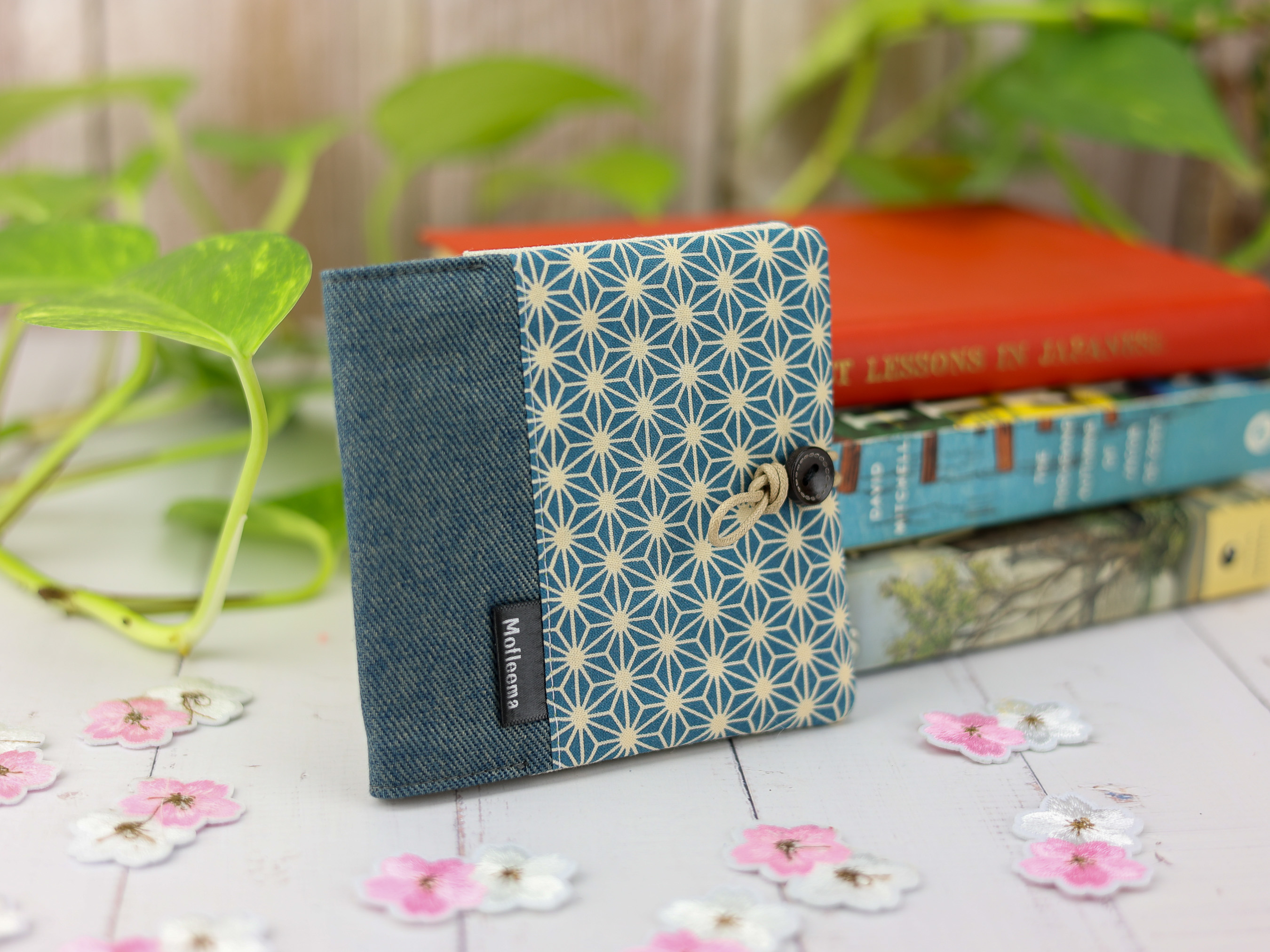 Asanoha Pattern Pad Holder – Japanese Geometric Blue Cotton Pouch with Button Closure