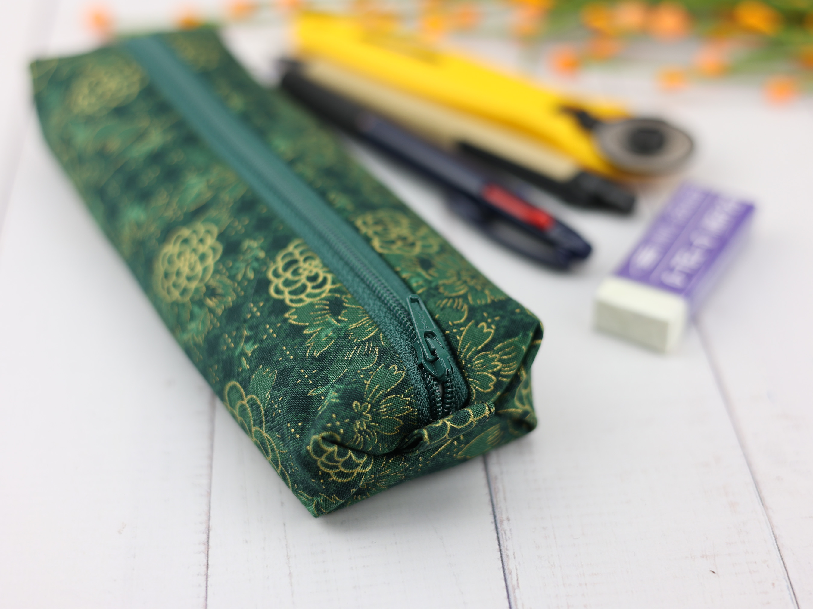 Chrysanthemum Zipper Pouch – Soft Flat Pencil Case with Gold Japanese Floral Cotton, Lined