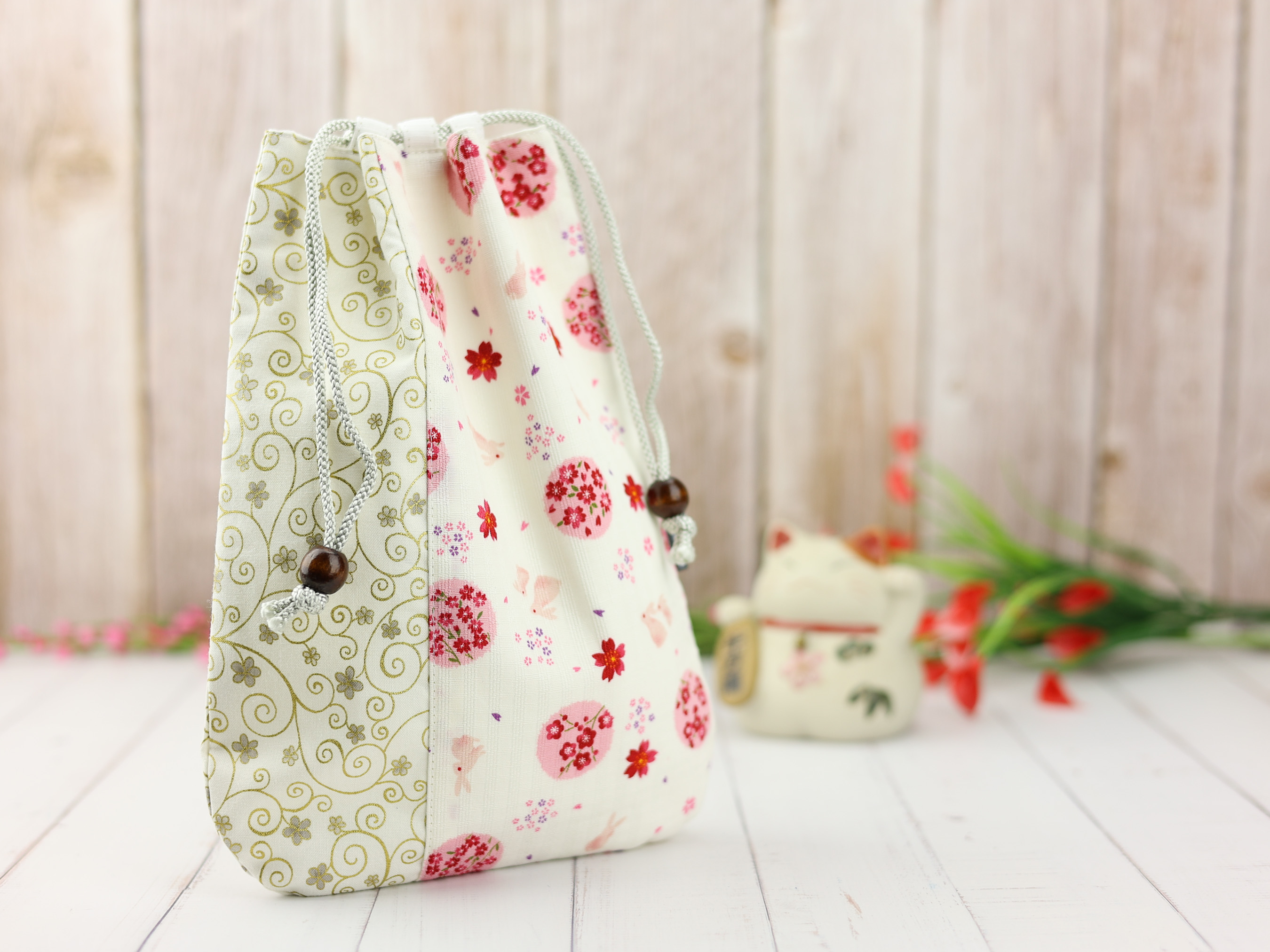 Bunny and Sakura Kinchaku Pouch, Japanese White Drawstring Gift Bag, Rabbit and Cherry Blossom