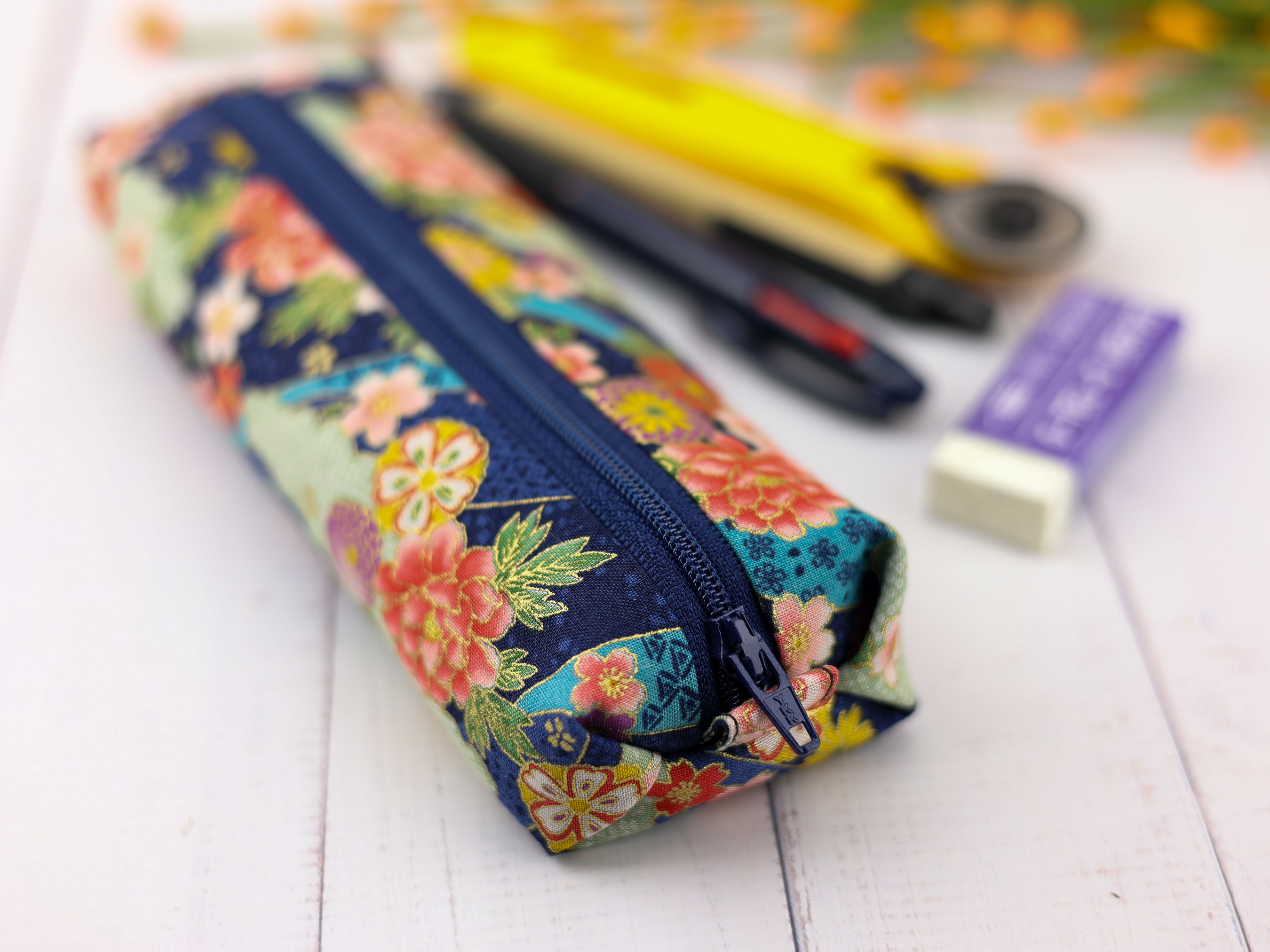 Peony Floral Zipper Pouch – Soft Flat Pen Case in Japanese Cotton, Lightly Lined & Flexible