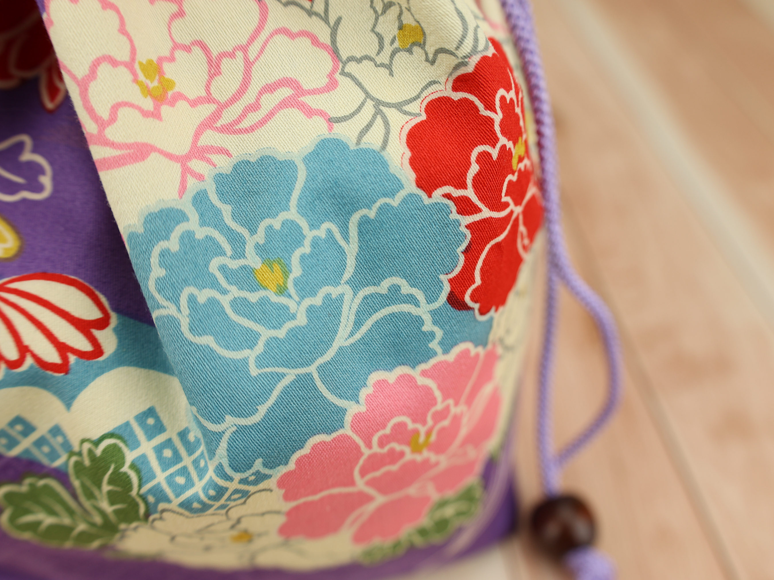 Kimono Fabric Drawstring Pouch: Handmade Cotton Makeup Bag Peony Purple