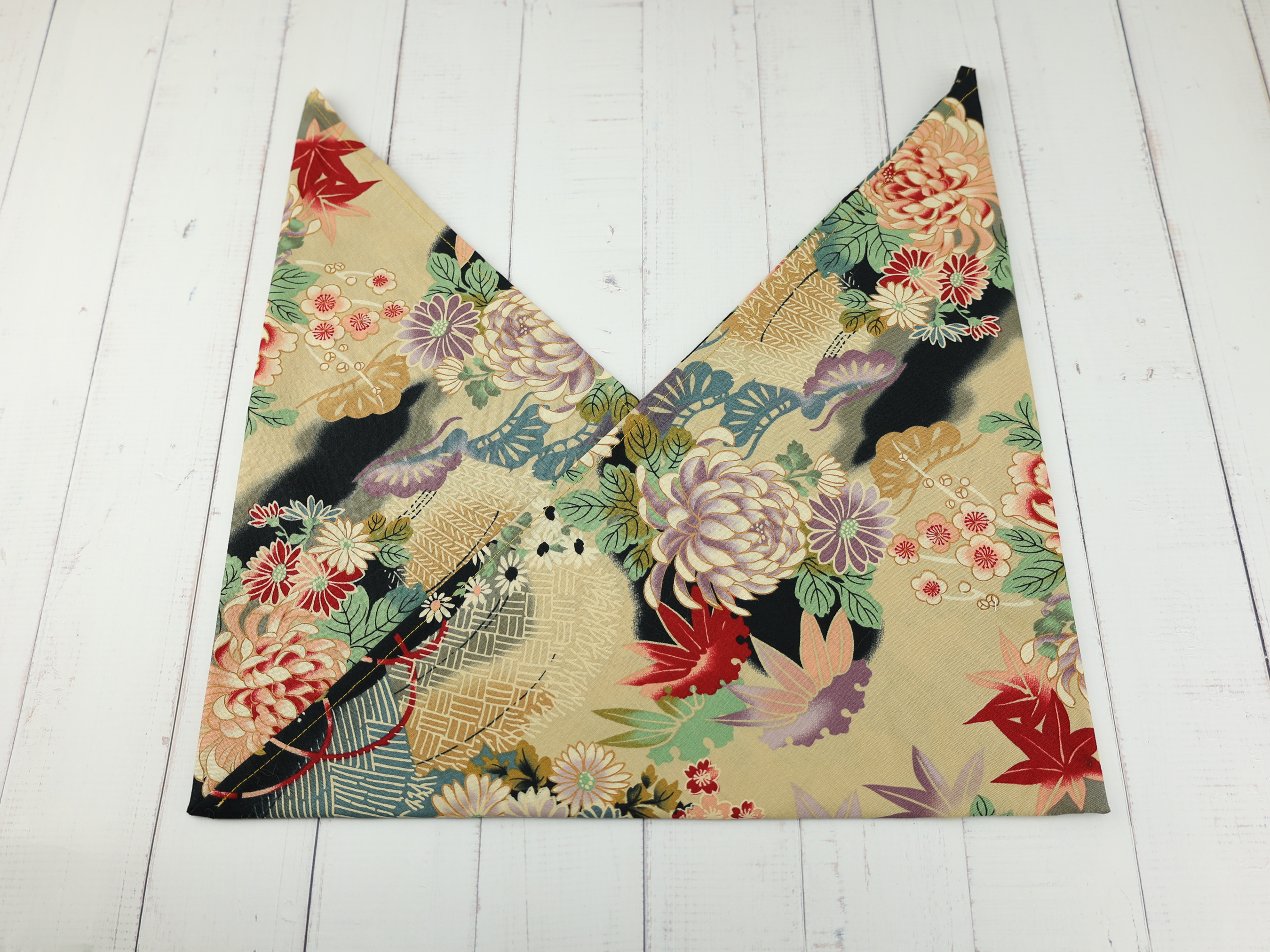 Japanese Azuma Bag – Cream Floral Fabric with Peony & Maple, Unlined Cotton Tote, Handmade in Canada