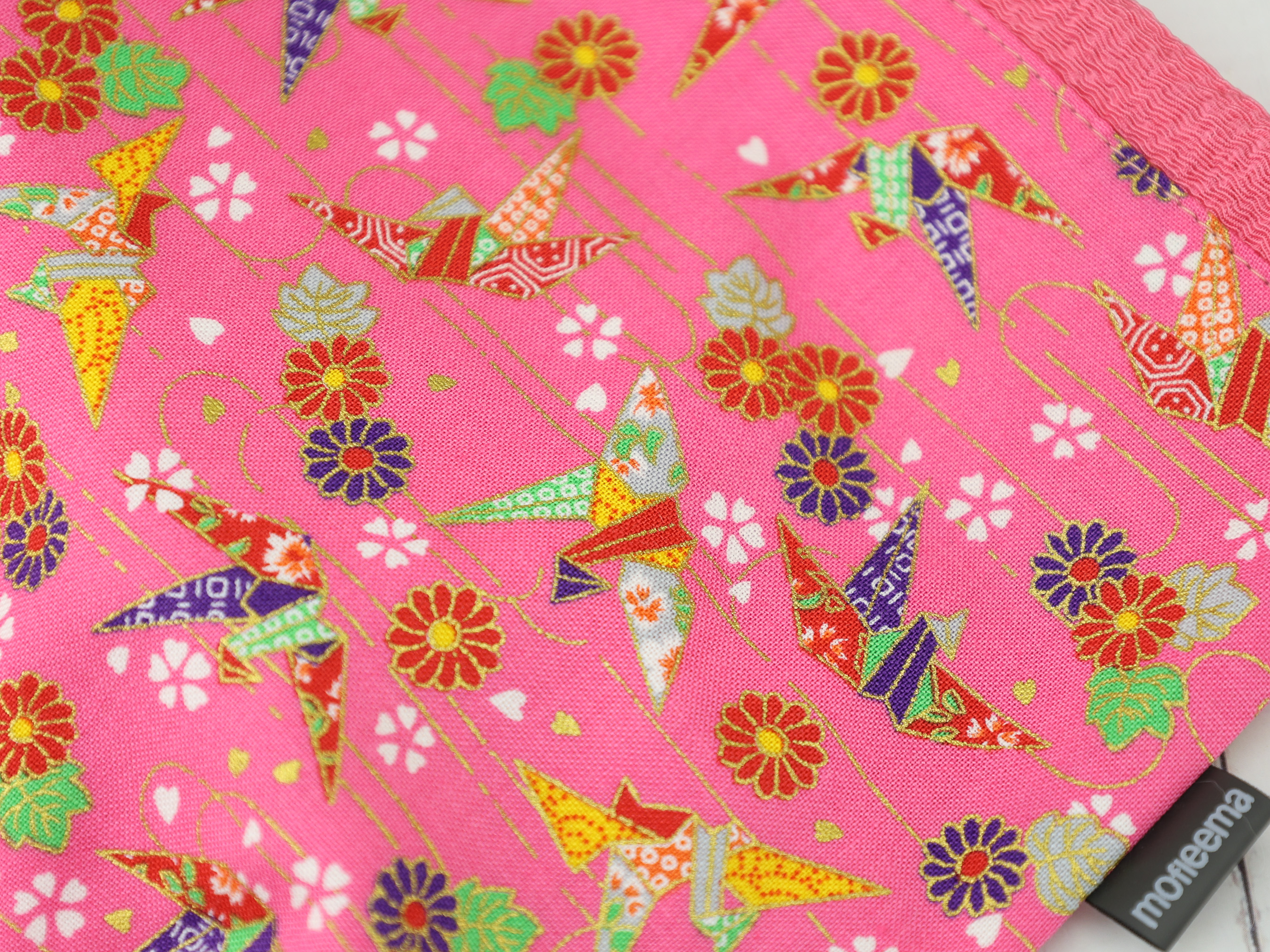Japanese Origami Crane Pouch – Pink Drawstring Bag with Floral Print
