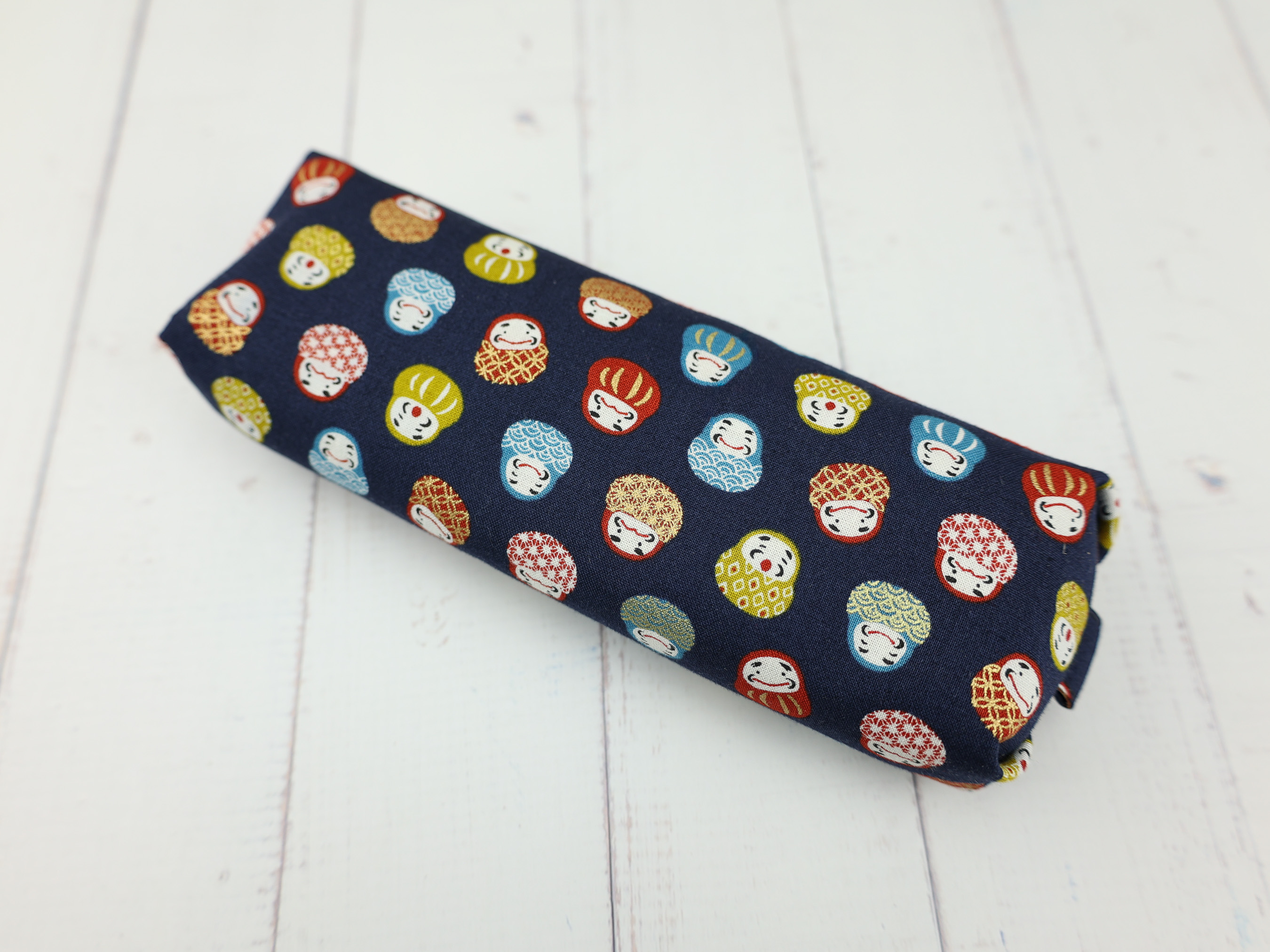 Daruma Zipper Pouch – Soft Flat Pencil Case with Japanese Lucky Charm Pattern, Cotton & Lined
