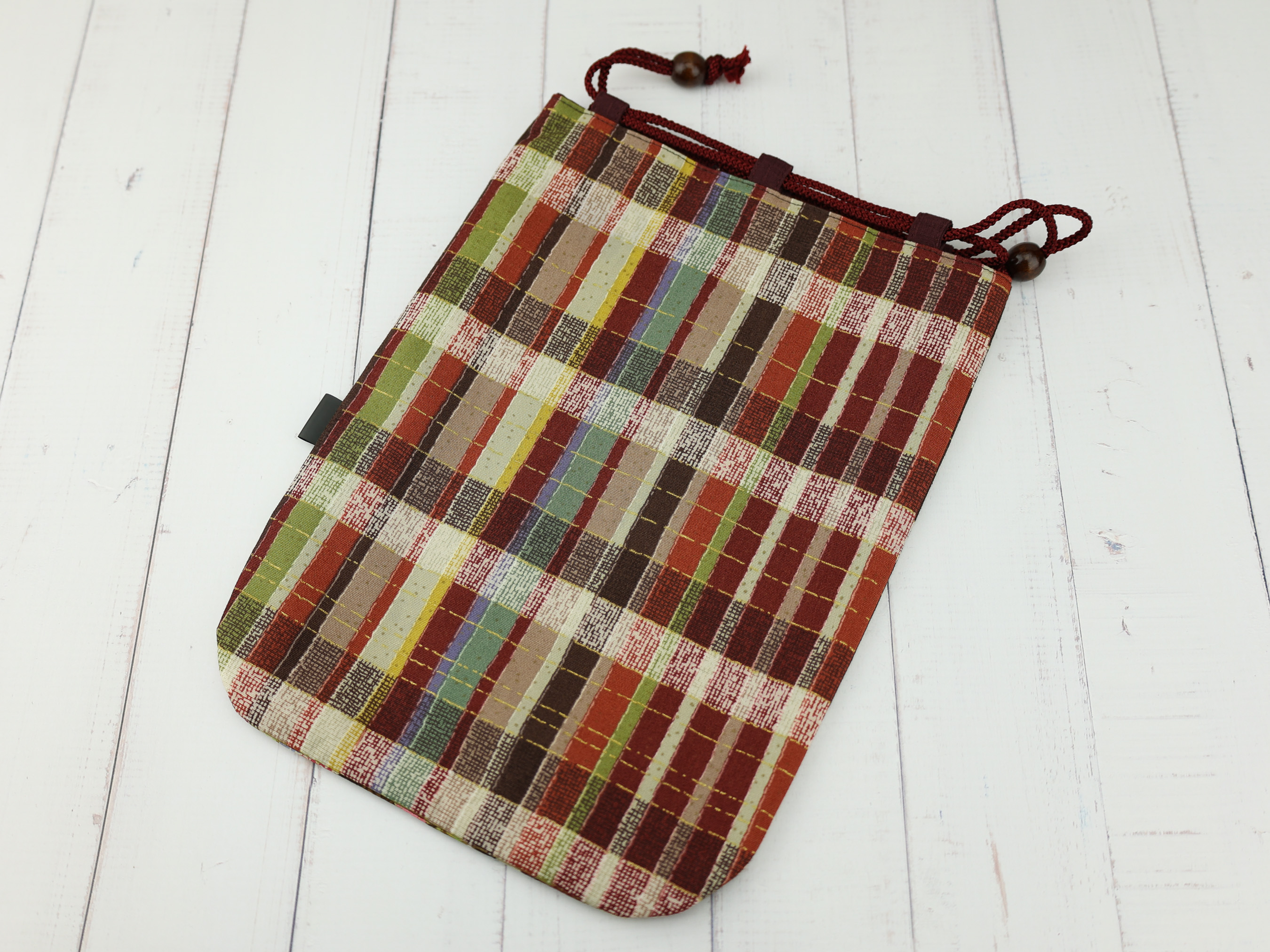 Japanese Temari and Sakura Kinchaku Pouch, Brown Drawstring Gift Bag with Floral Ball Pattern