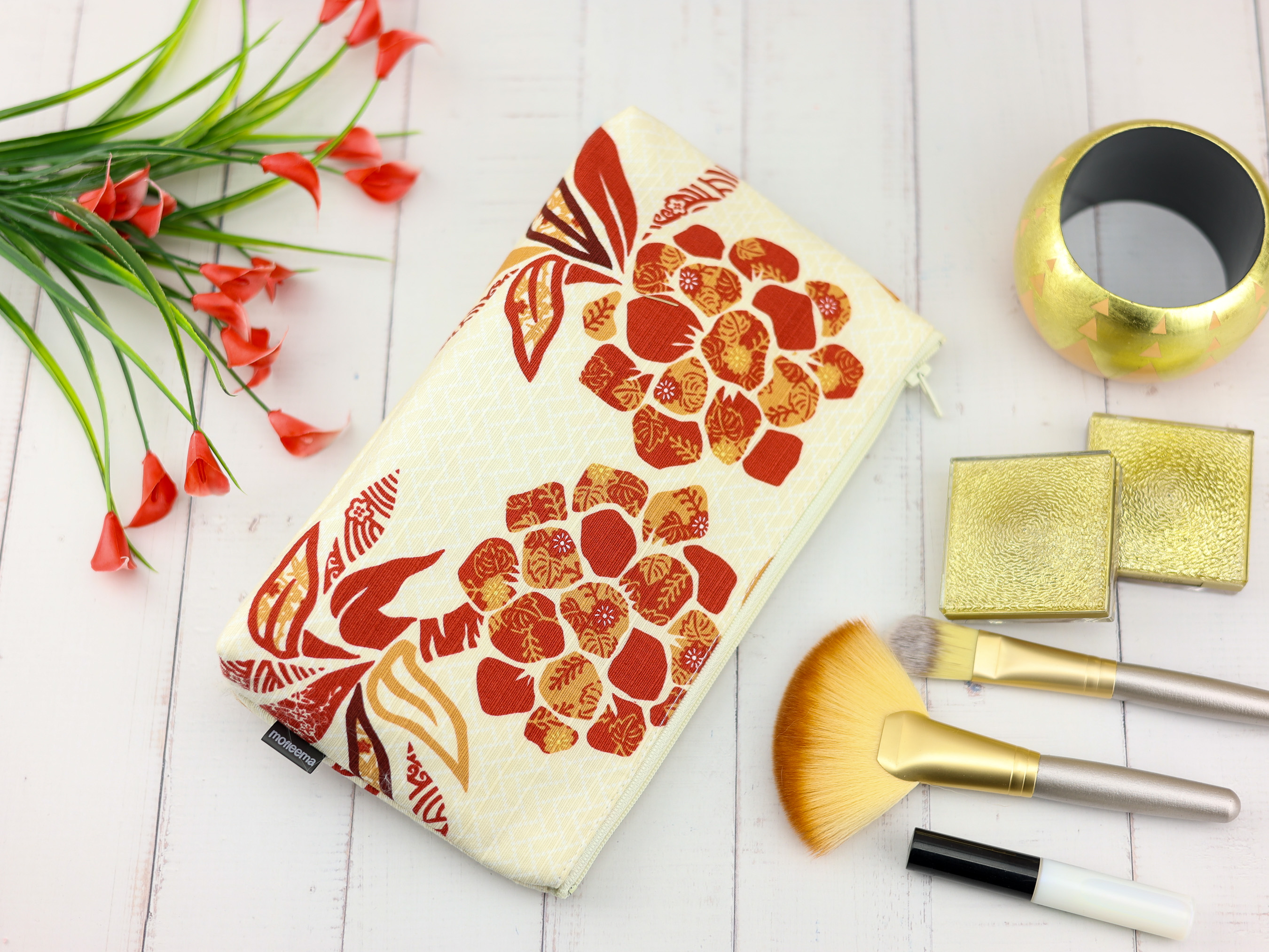 Japanese Hibiscus Floral Zipper Pouch – Cream Cotton Makeup Bag, Tropical Kimono-Inspired Gift