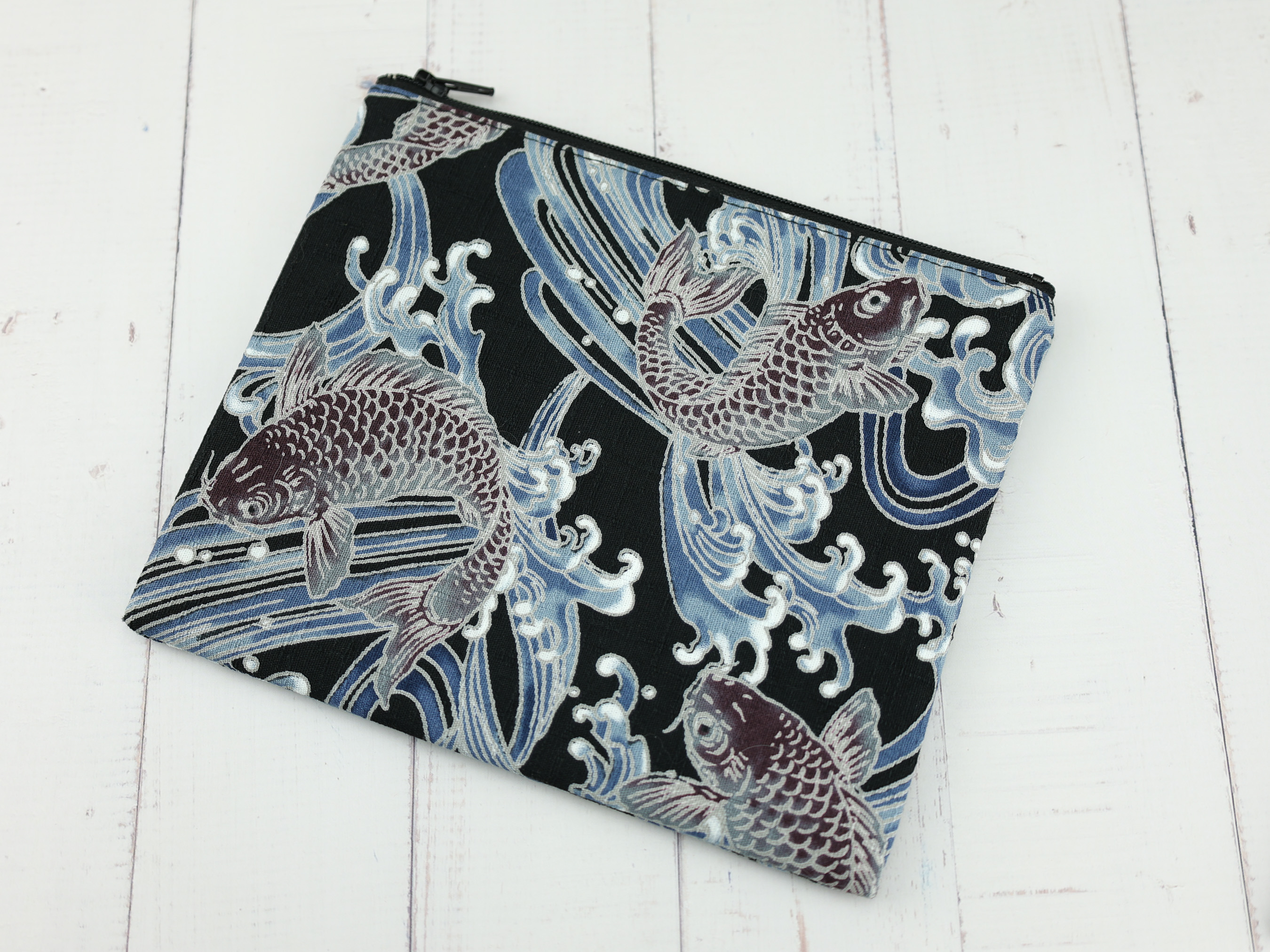 Koi Fish Zipper Pouch – Japanese Wave Print Bag with Black Background and Traditional Tattoo Style