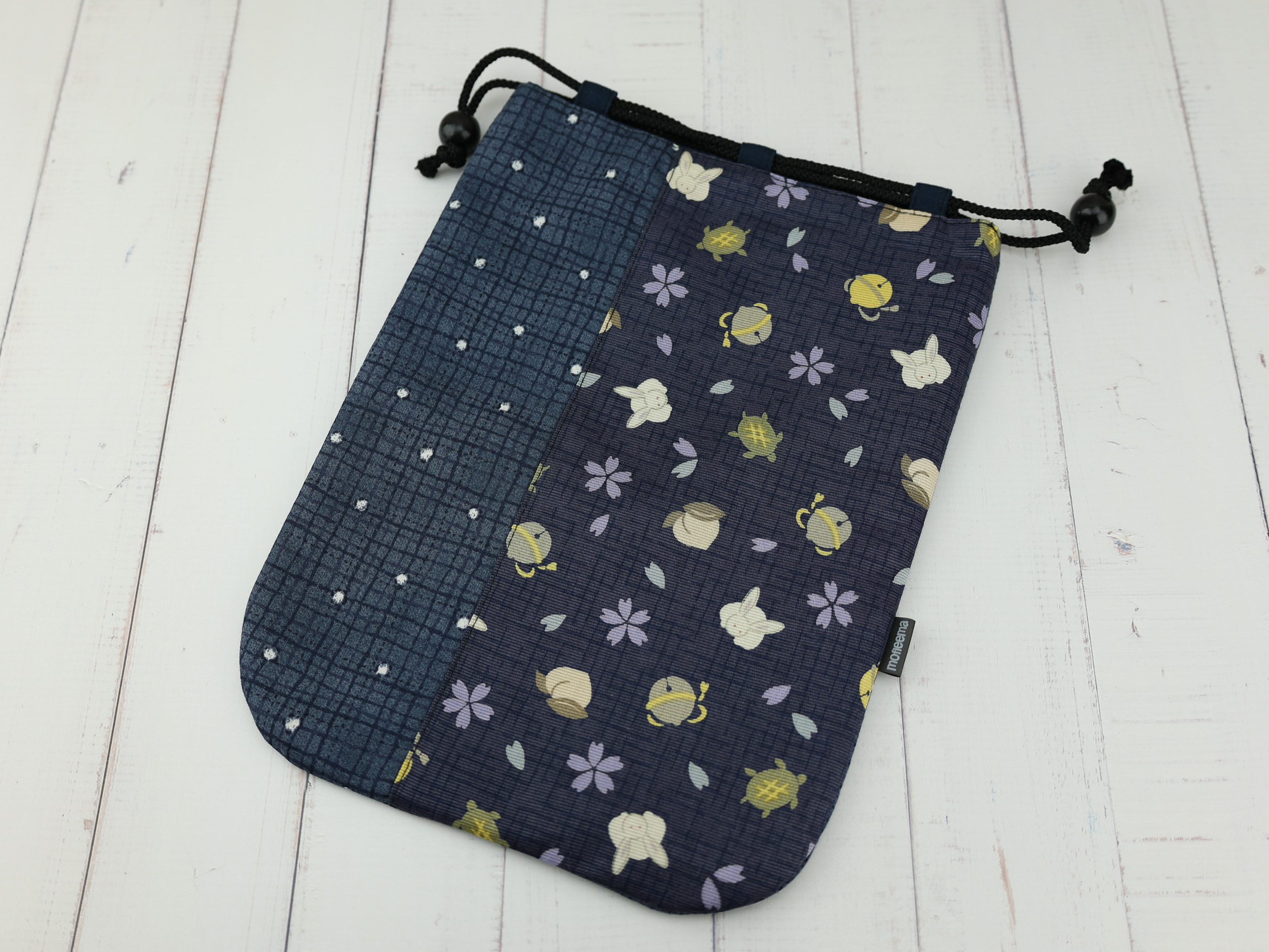 Japanese Bunny and Bell Drawstring Pouch, Sakura Print Kinchaku, Handmade Cotton Gift Bag