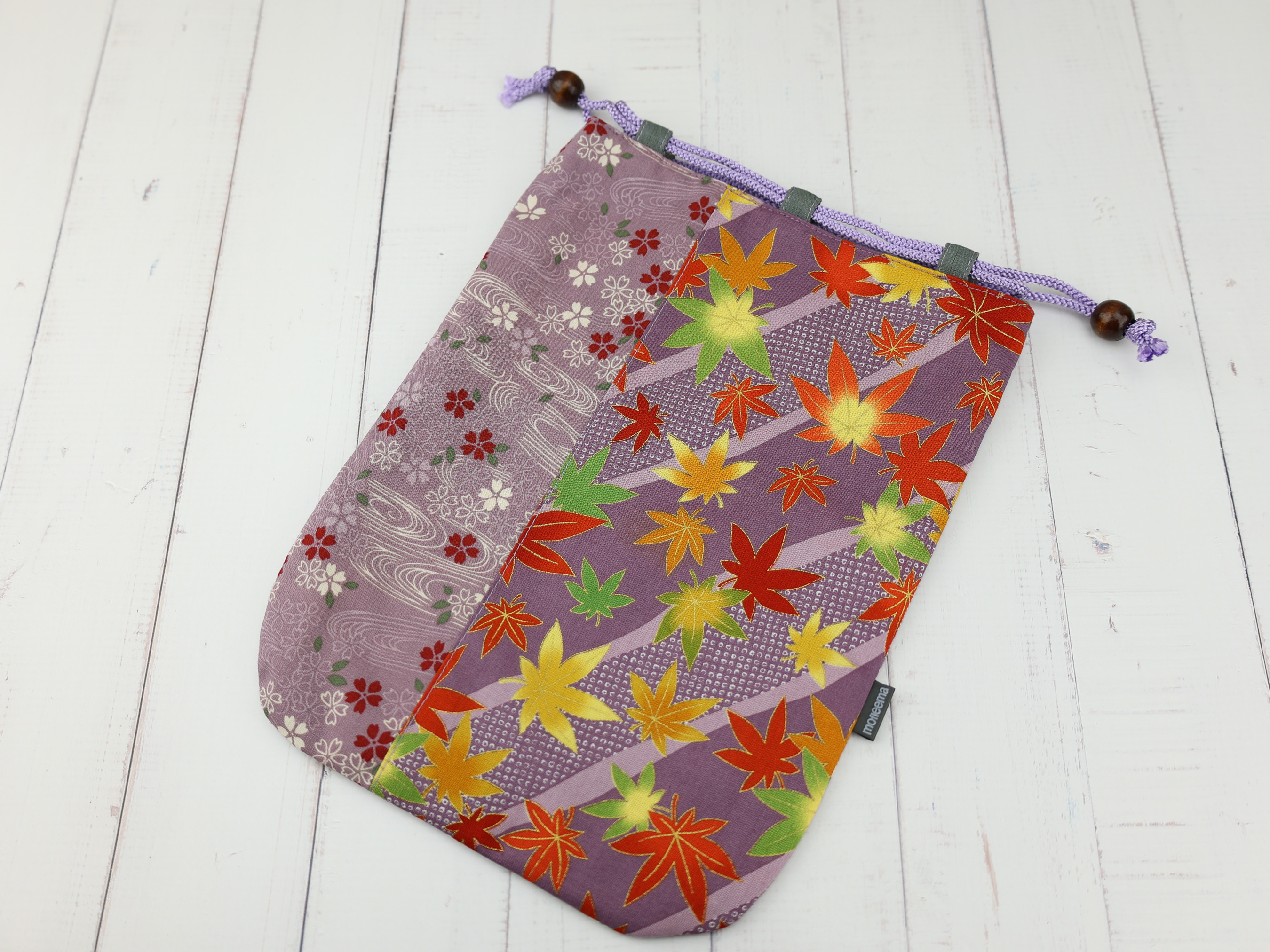 Japanese Maple Leaf Kinchaku Pouch, Autumn Momiji Drawstring Bag, Purple and Red Fall Gift Bag