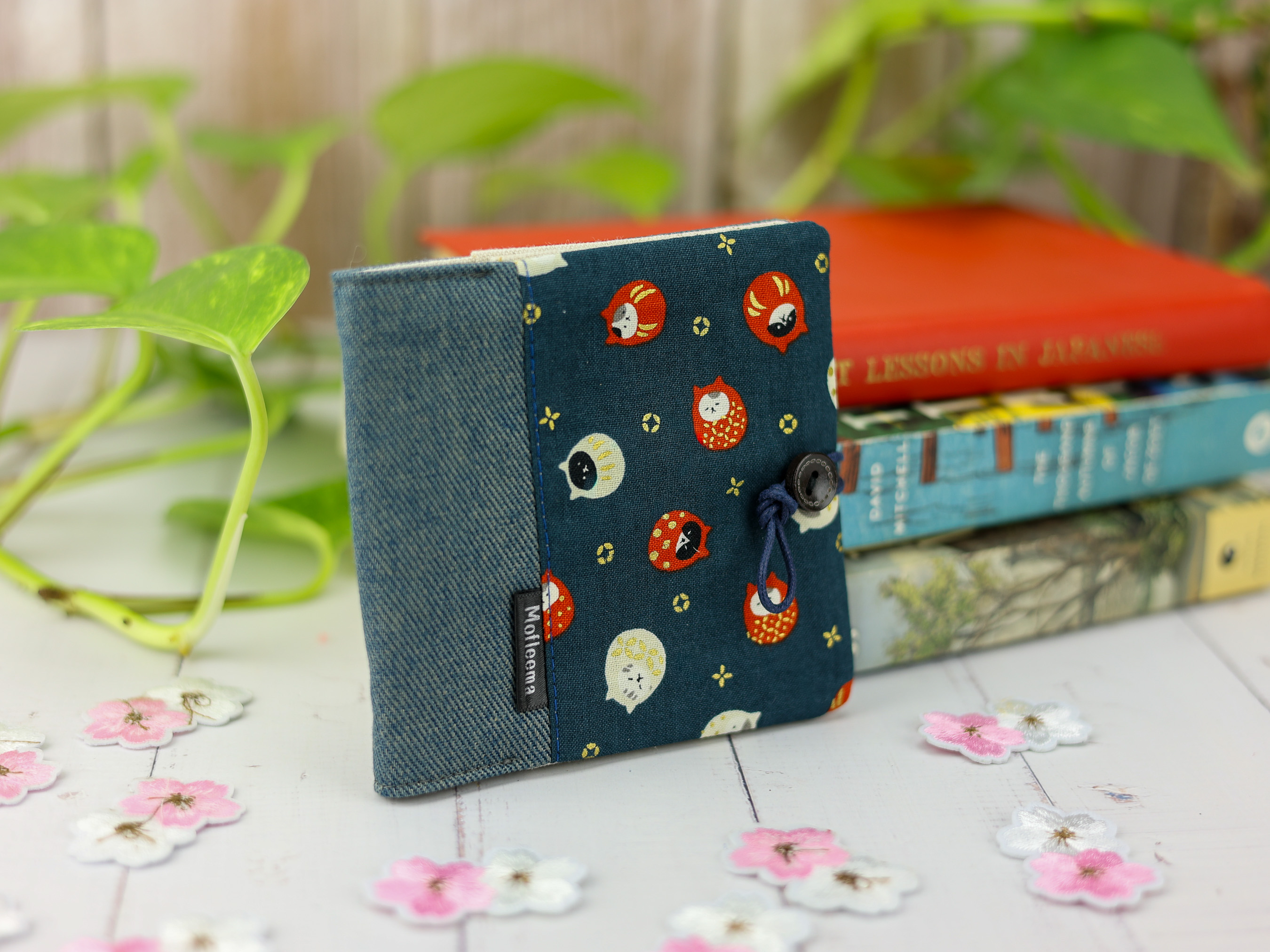 Daruma Cat Period Pouch – Japanese Lucky Kitty Fabric with Denim and Button Closure, Handmade Gift