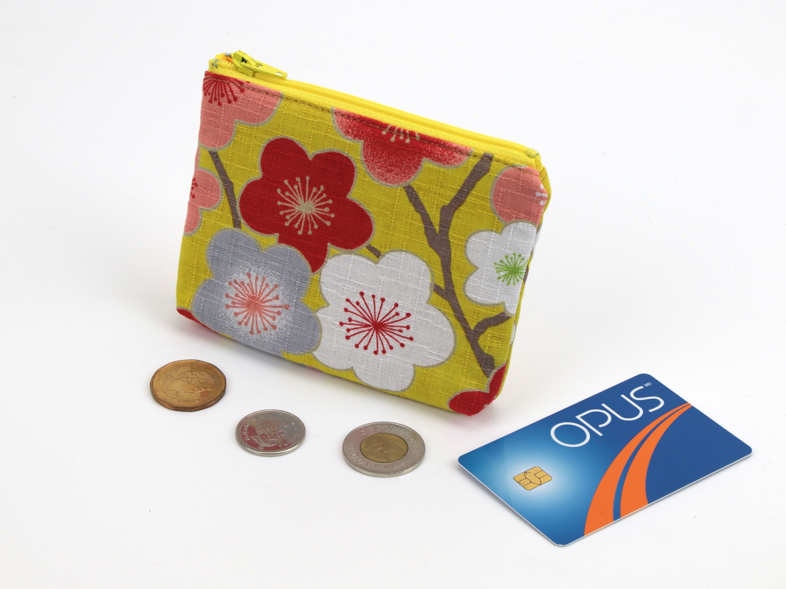Lip Balm Pouch, Business Card Holder, Coin Purse Kimono Cotton Fabric, Plum Blossoms Mustard