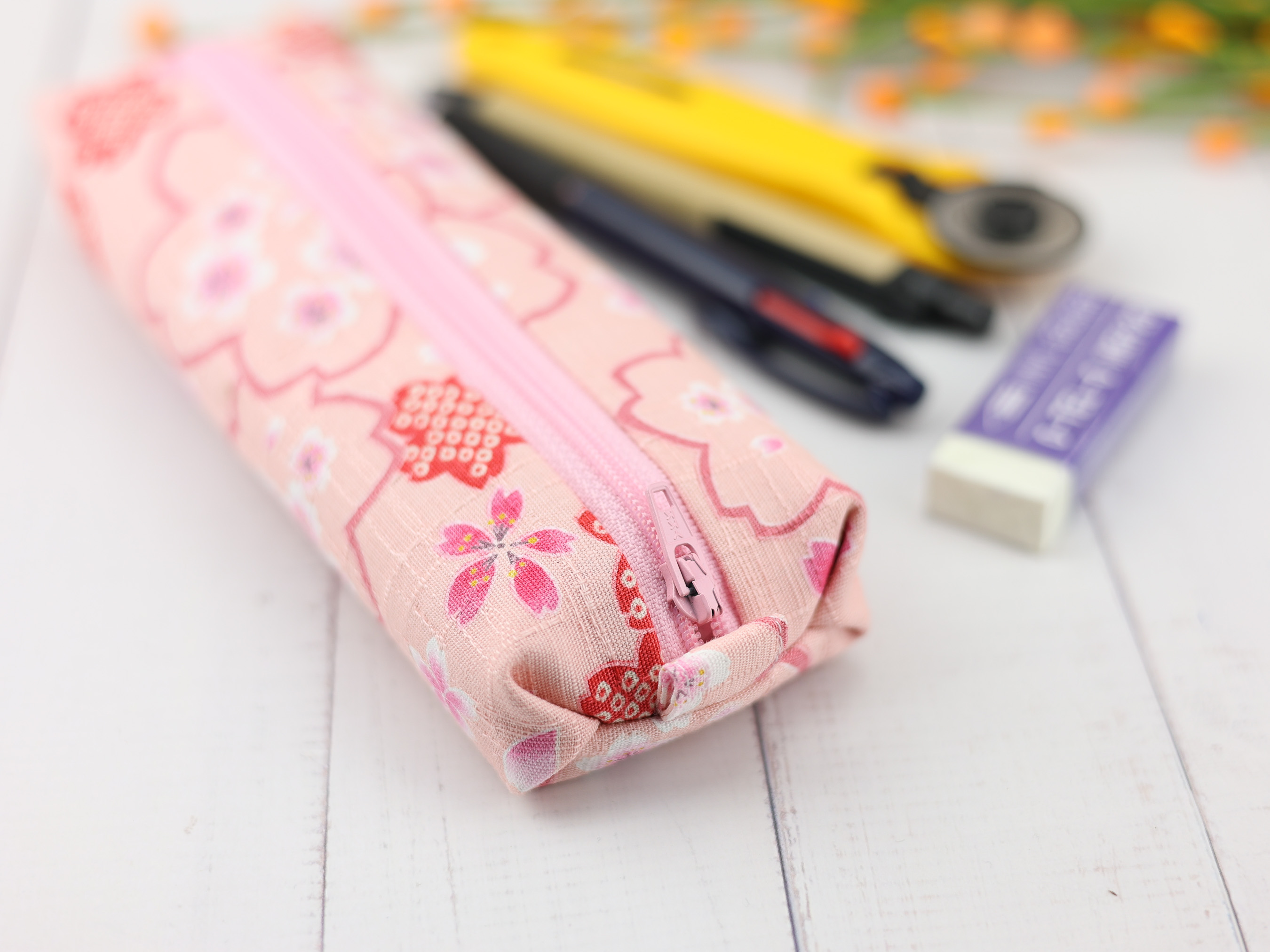 Sakura Pencil Pouch – Soft Japanese Zipper Case in Light Pink Cherry Blossom Fabric, Lined & Gentle