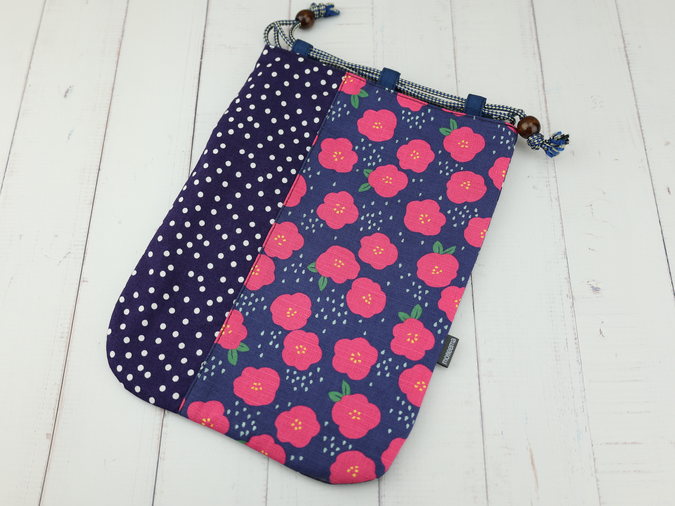Japanese Camellia Kinchaku Pouch, Navy Drawstring Gift Bag, Tsubaki Floral Cotton Handmade Bag