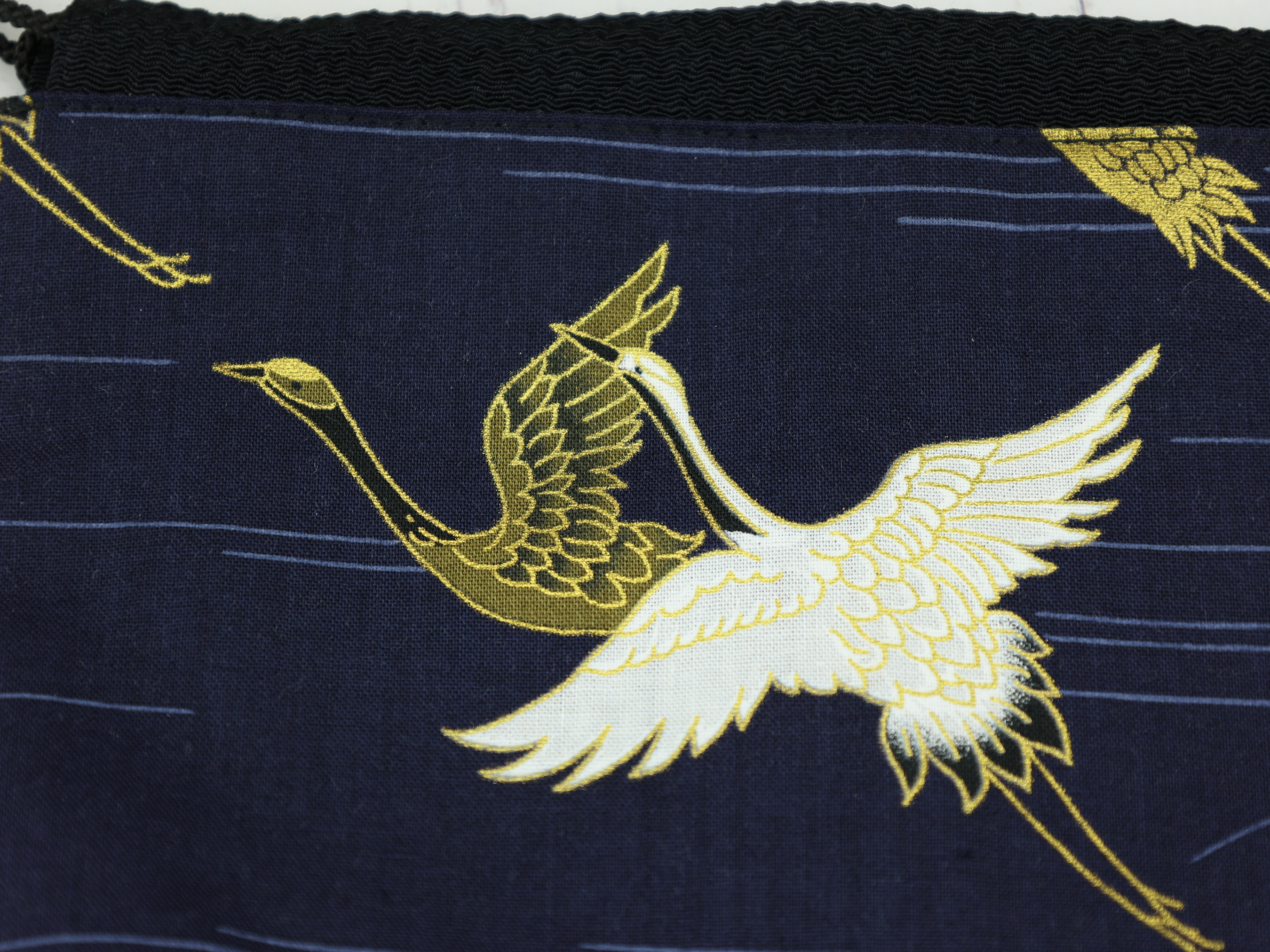 Japanese Crane Drawstring Pouch – Indigo Makeup Bag, Kimono Fabric Gift