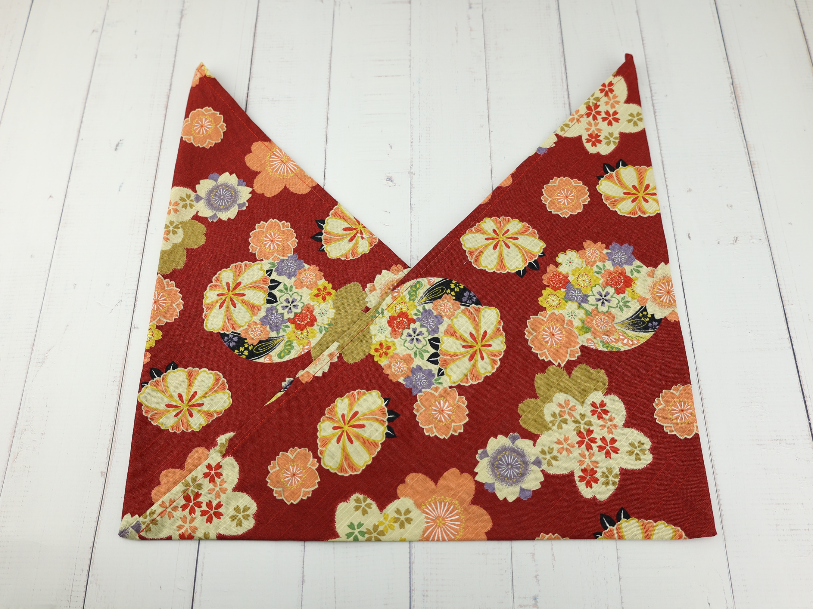 Japanese Azuma Bag – Red Floral Circle Pattern with Sakura & Plum, Unlined Cotton Tote, Handmade in Canada