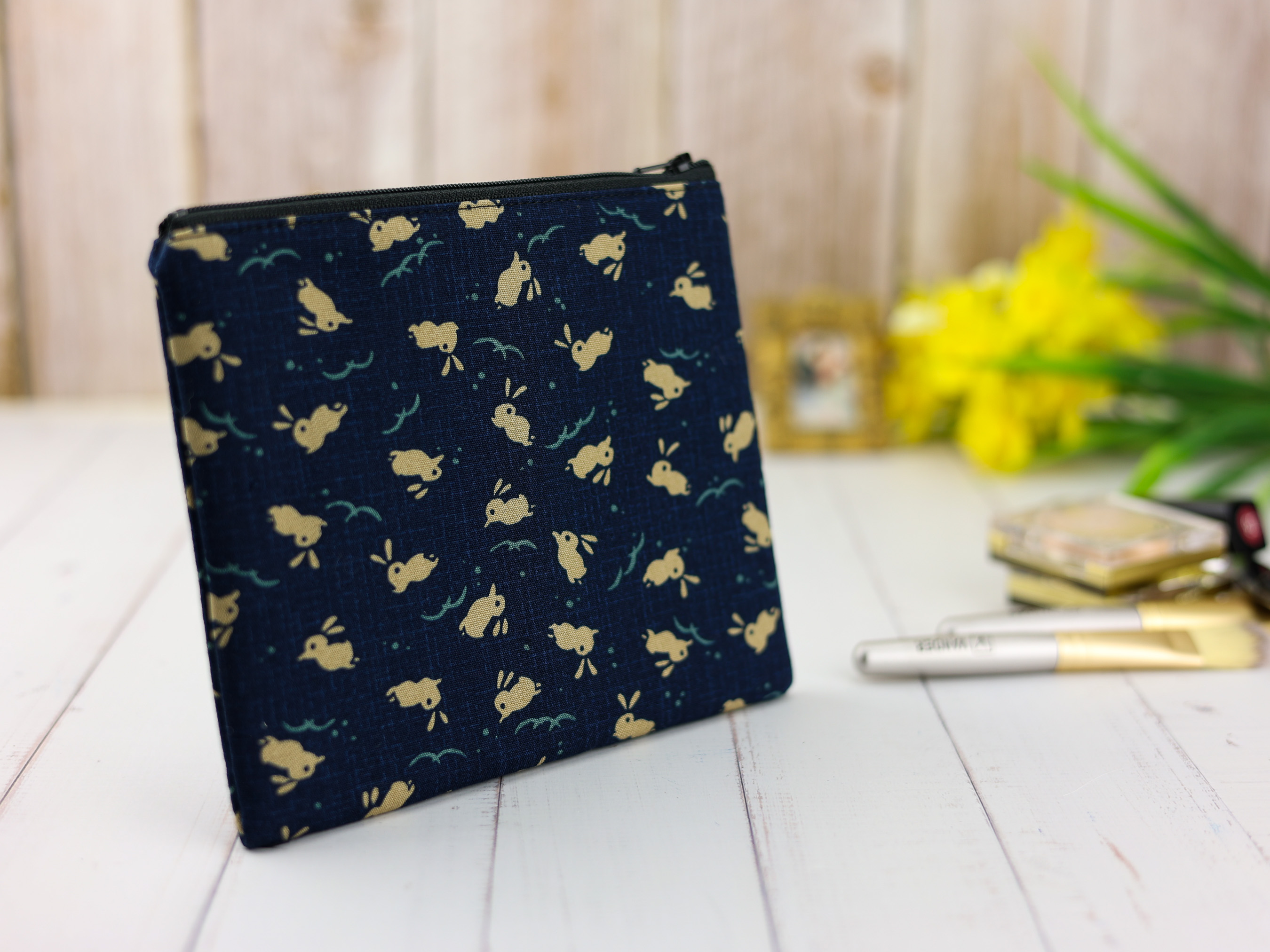 Navy Rabbit Pouch – Japanese Zipper Bag with Hopping Bunny & Water Pattern on Traditional Indigo Fabric