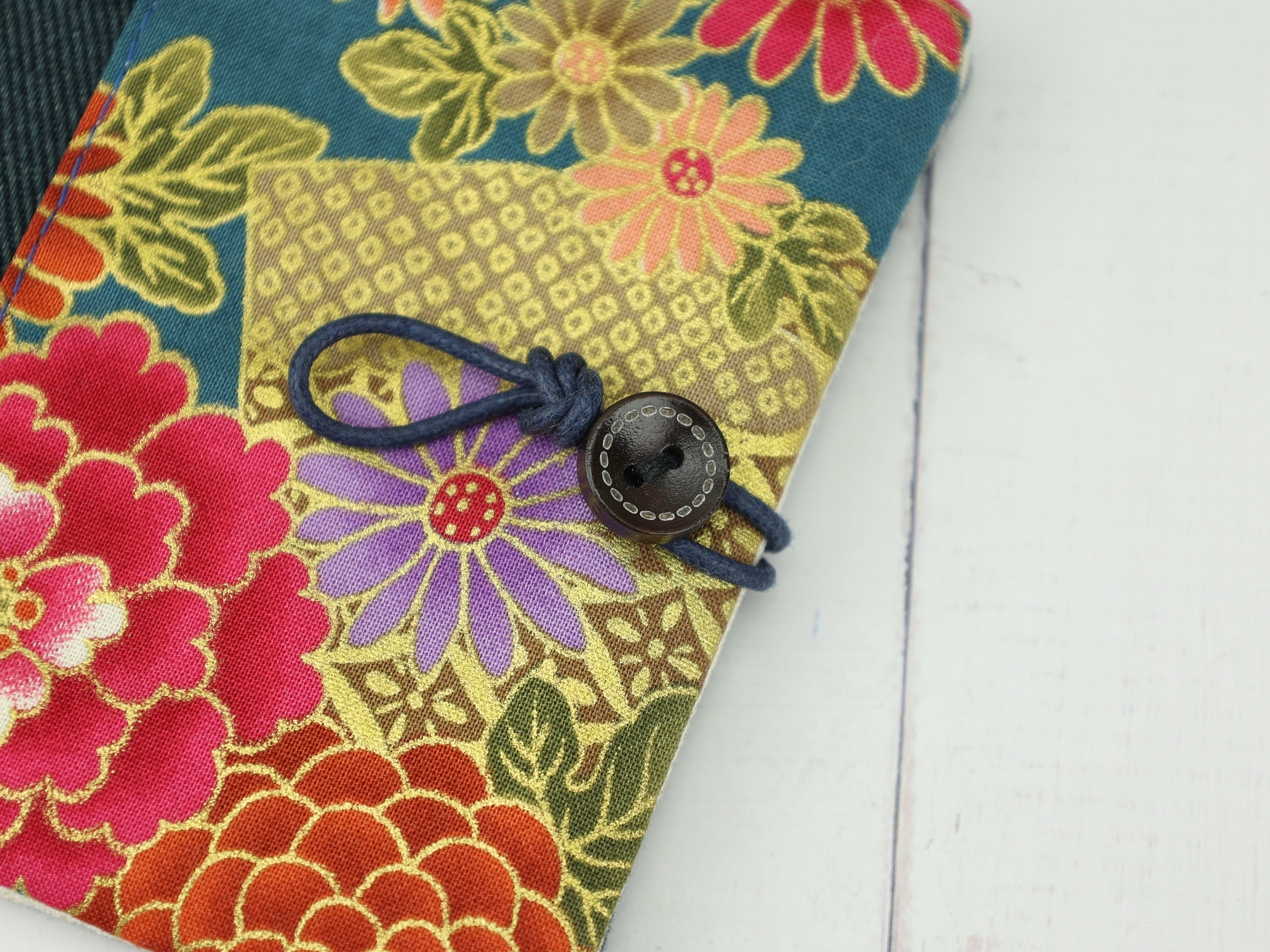 Chrysanthemum & Fan Pad Holder – Japanese Gold Floral Pouch with Canvas Lining and Button Tie