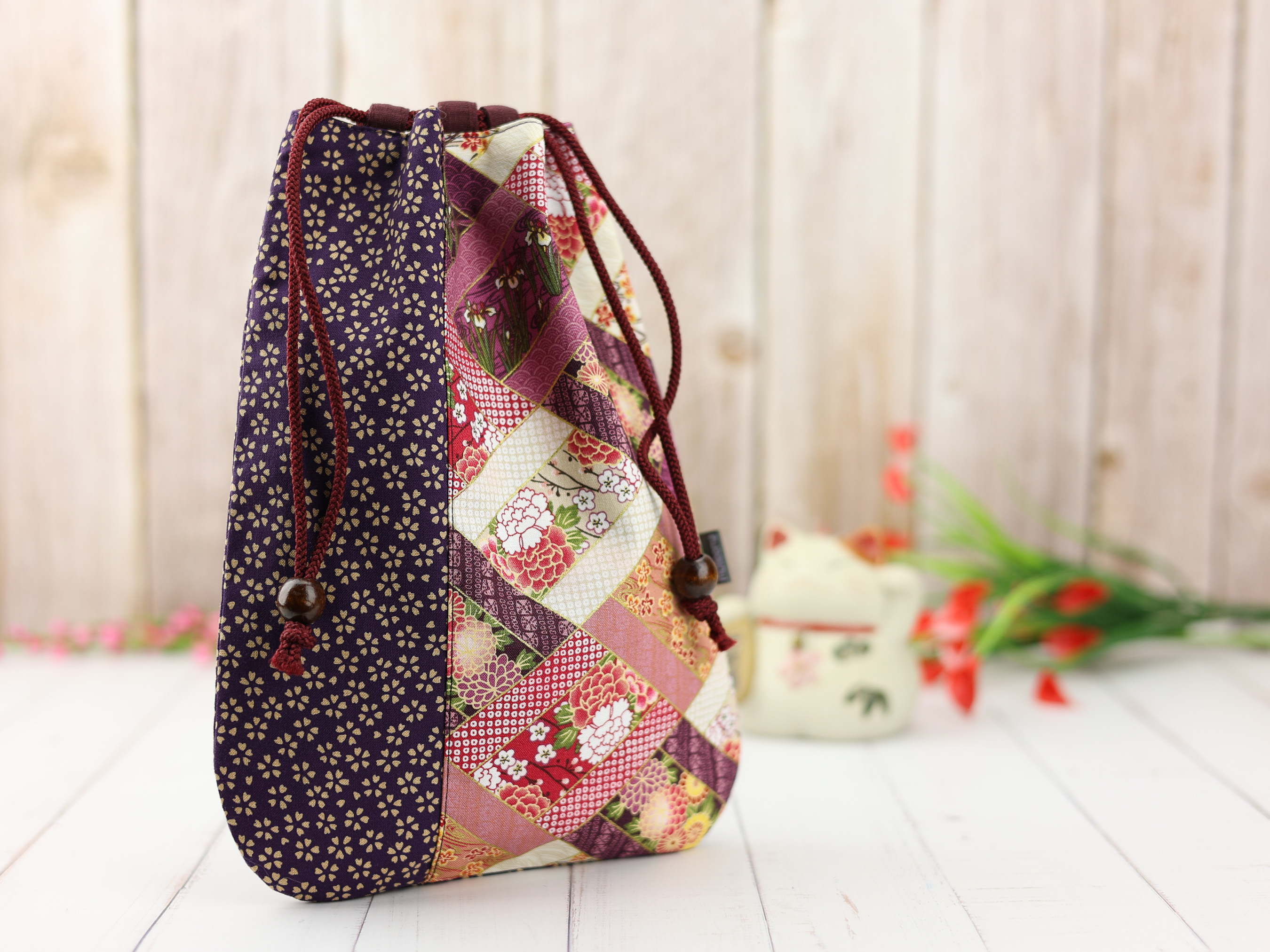 Japanese Diamond Patchwork Kinchaku Pouch, Chrysanthemum Floral Drawstring Bag, Purple Gift Bag
