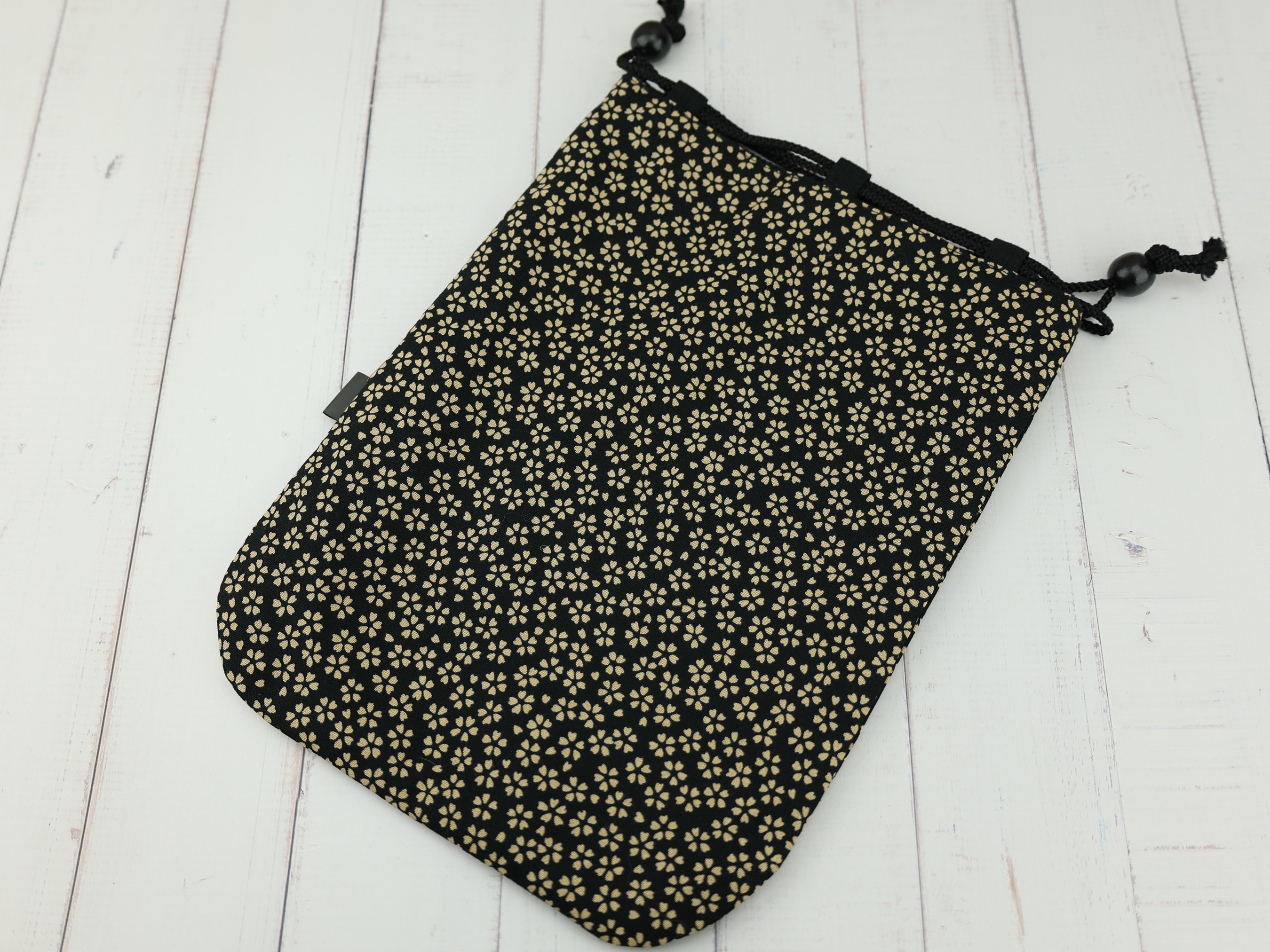 Elegant Sakura Kinchaku Pouch, Black Drawstring Bag with Cherry Blossom Print, Japanese Gift Bag