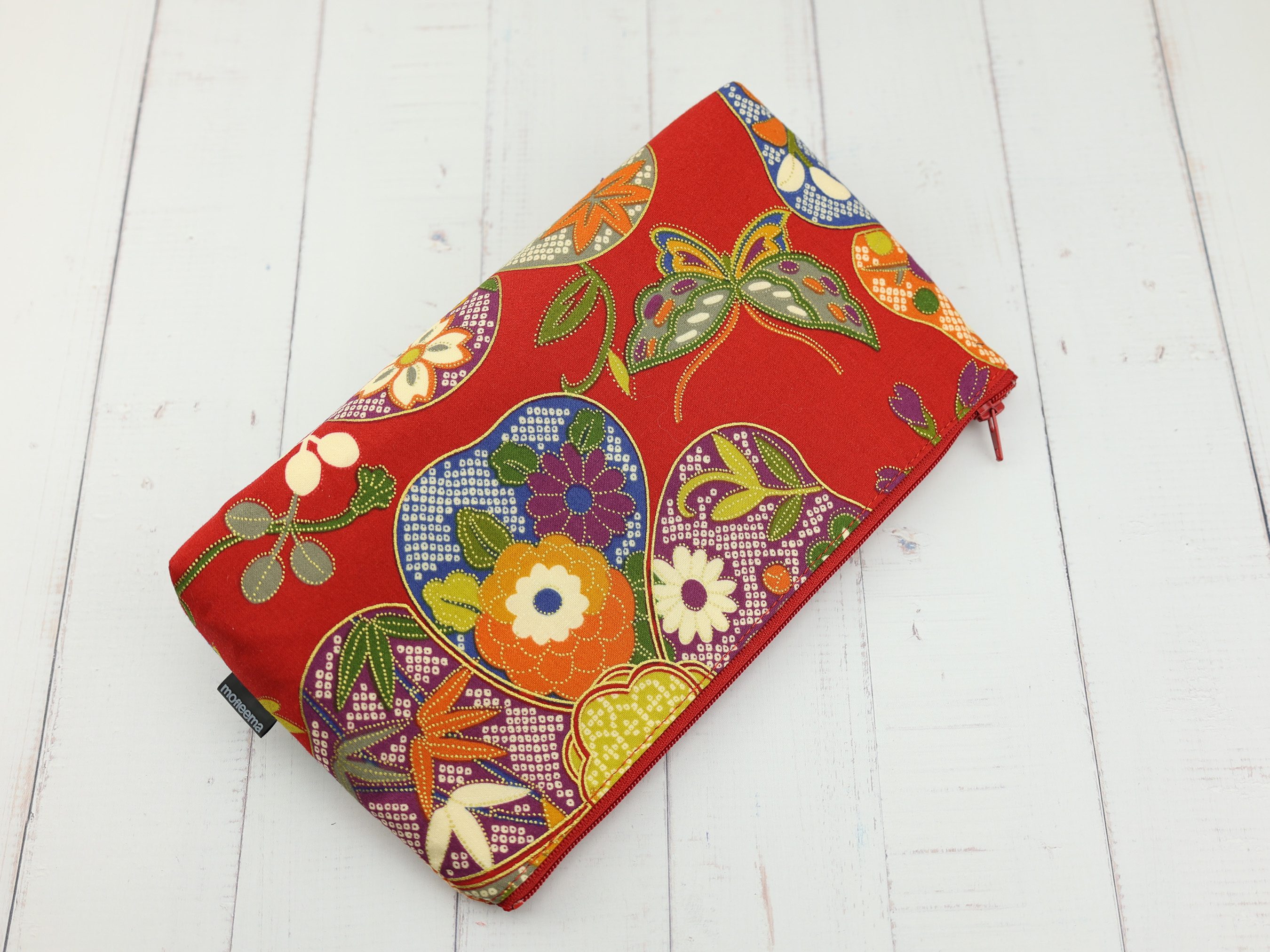 Japanese Butterfly Floral Zipper Pouch – Red Cotton Makeup Bag, Kimono-Inspired Gift Idea