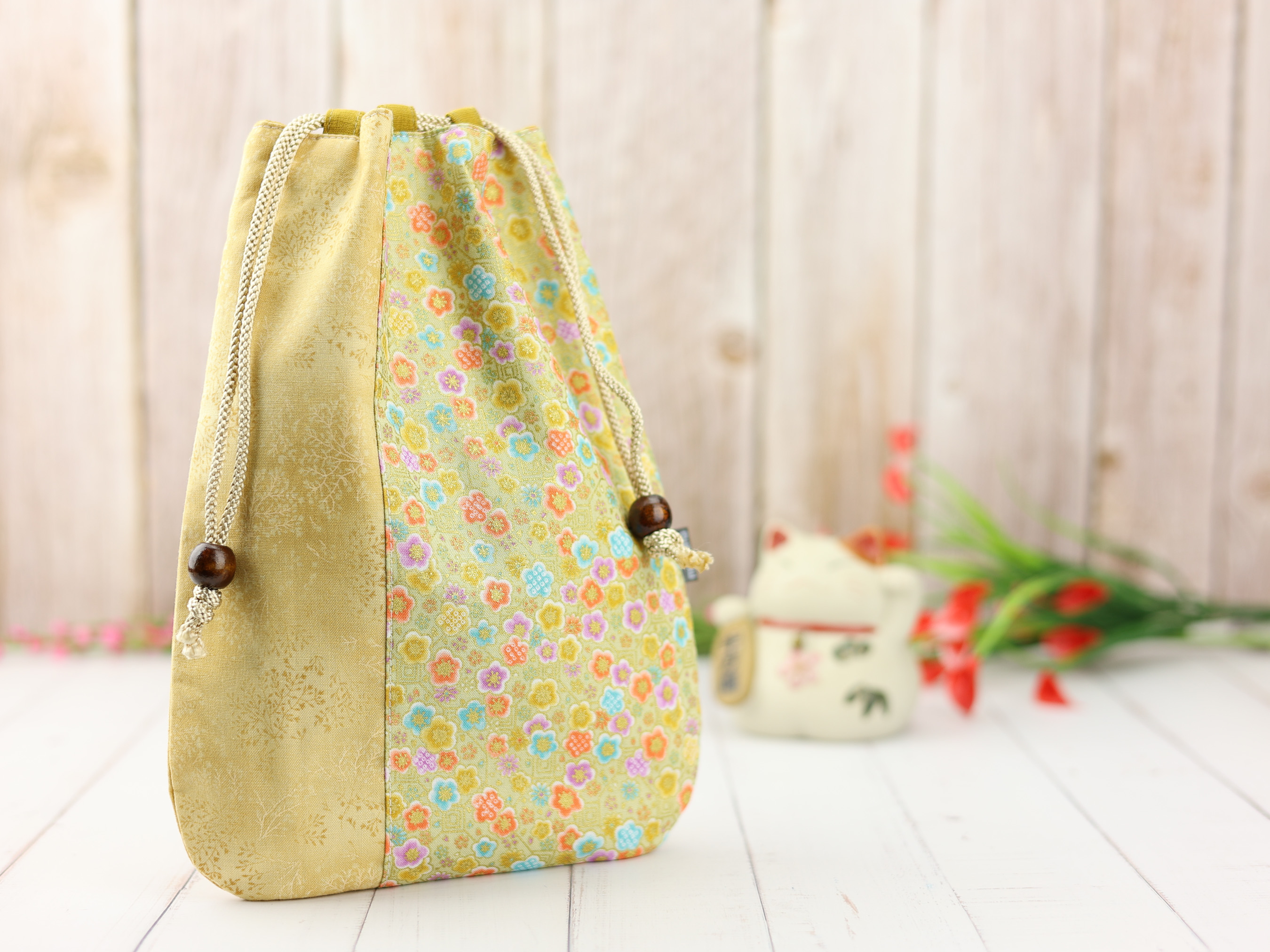 Pastel Sakura Kinchaku Pouch, Japanese Yellow Drawstring Gift Bag, Spring Cherry Blossom Print