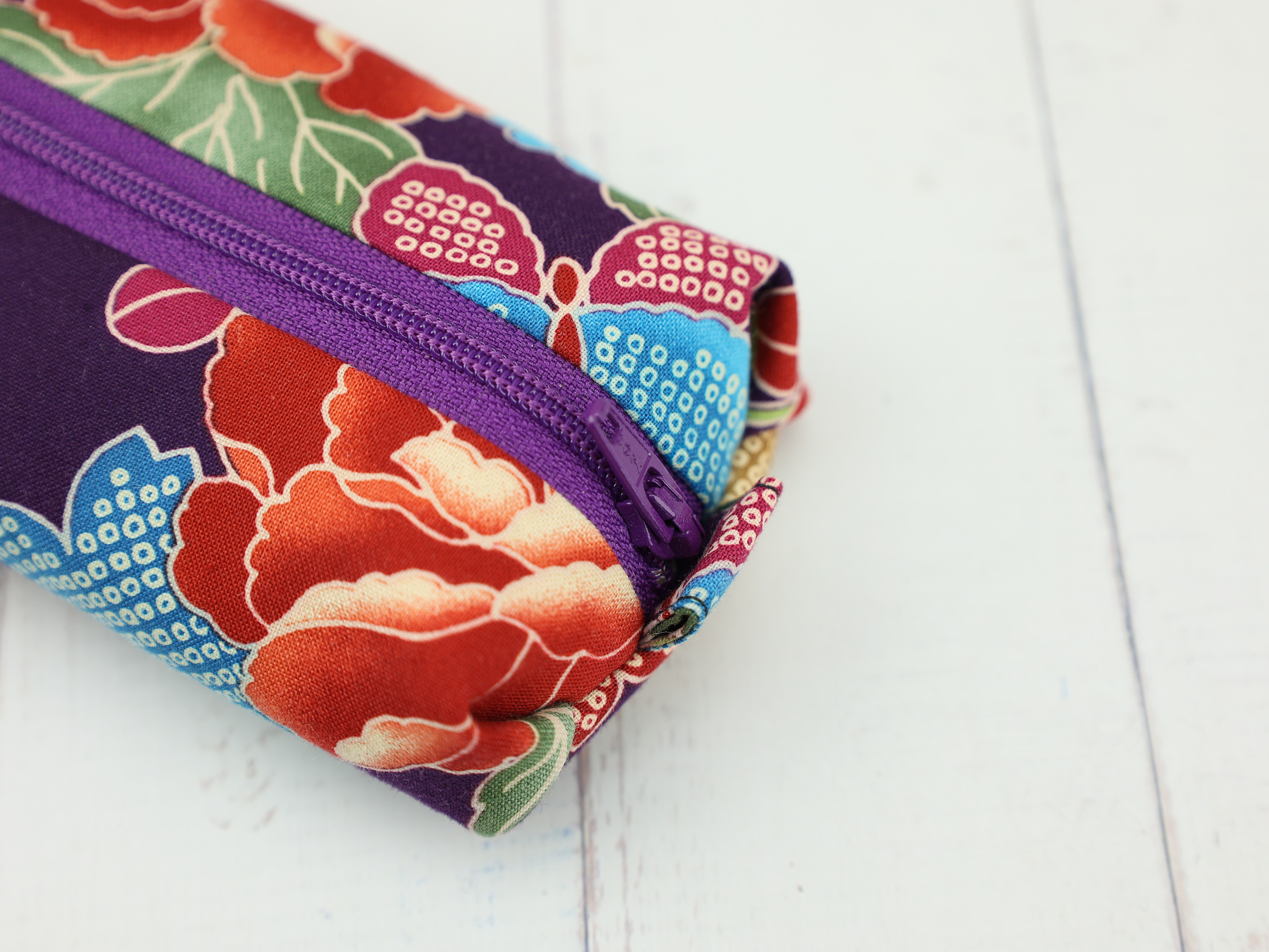 Large Peony Zipper Pouch – Soft Japanese Pencil Case in Purple Kimono Fabric, Bold & Colorful