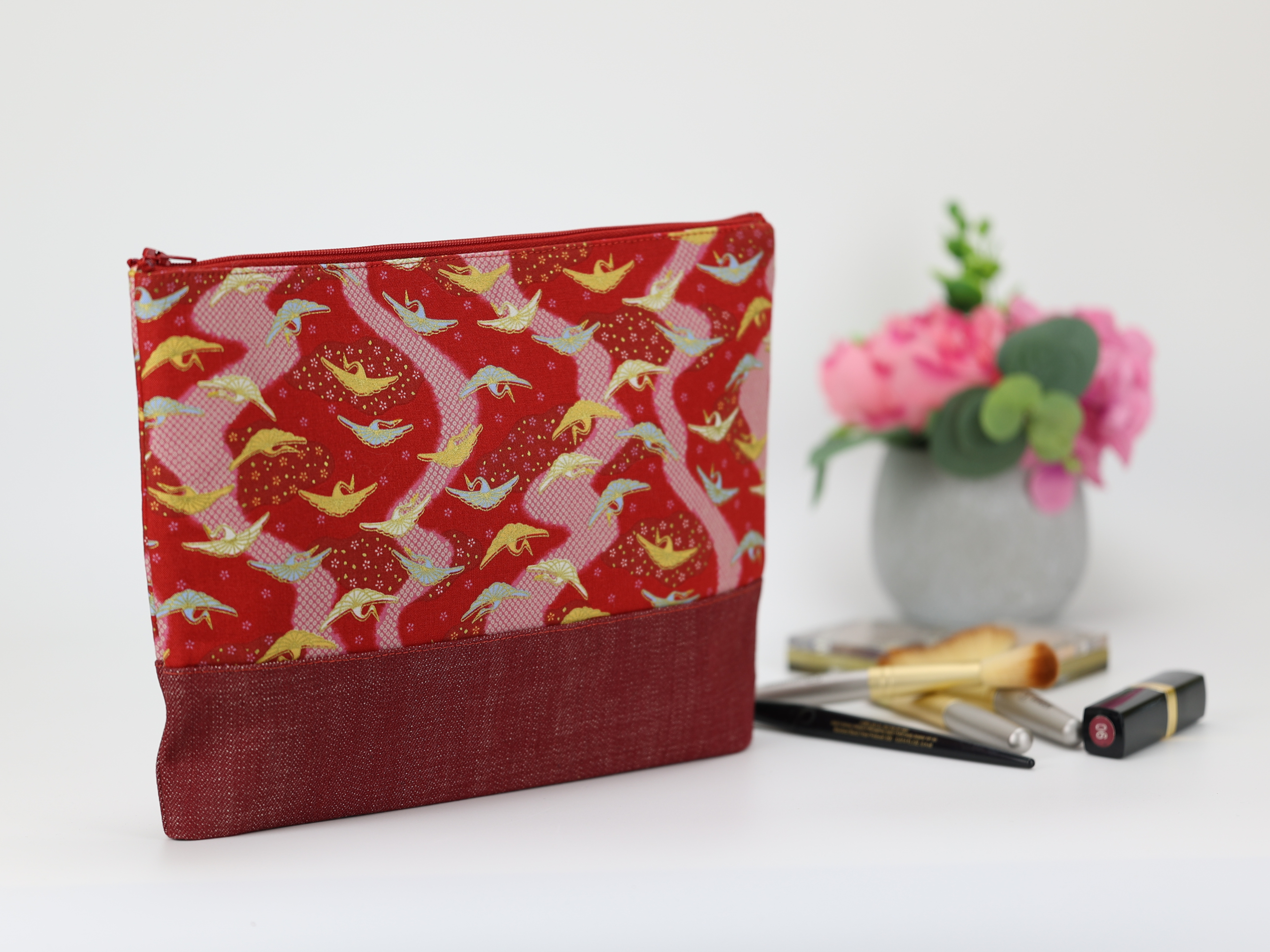 Large Cosmetic Pouch: Japanese Kimono Print Travel Makeup Bag