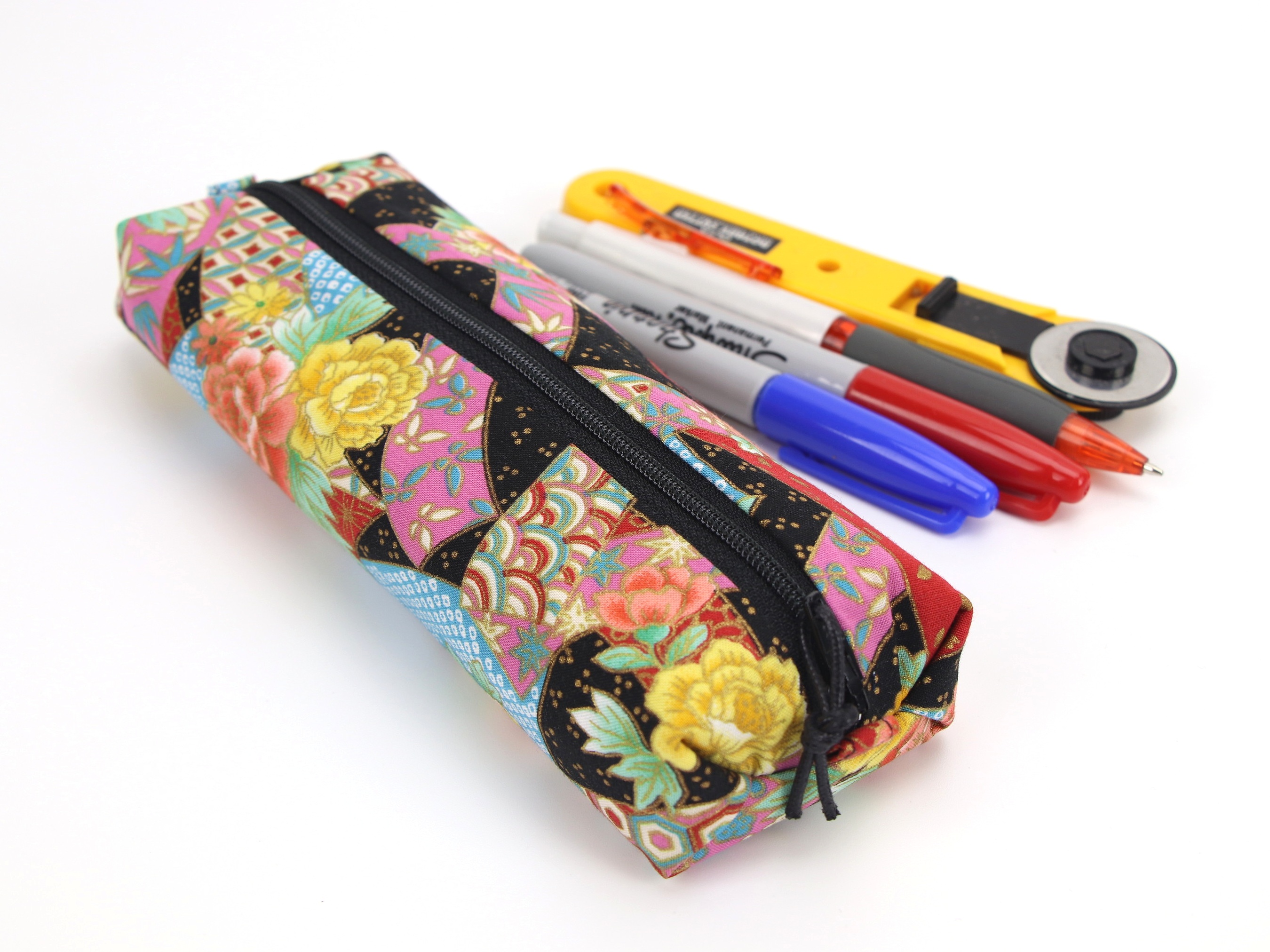 Kimono Pencil Cases, Pen Holder, Chrysanthemum Peony Black
