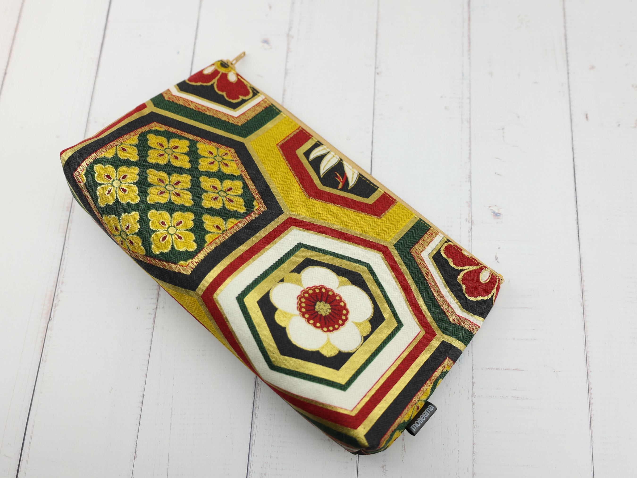 Japanese Kikkō Floral Zipper Pouch - Hexagon Kimono Pattern Bag, Red and Gold Cotton Gift