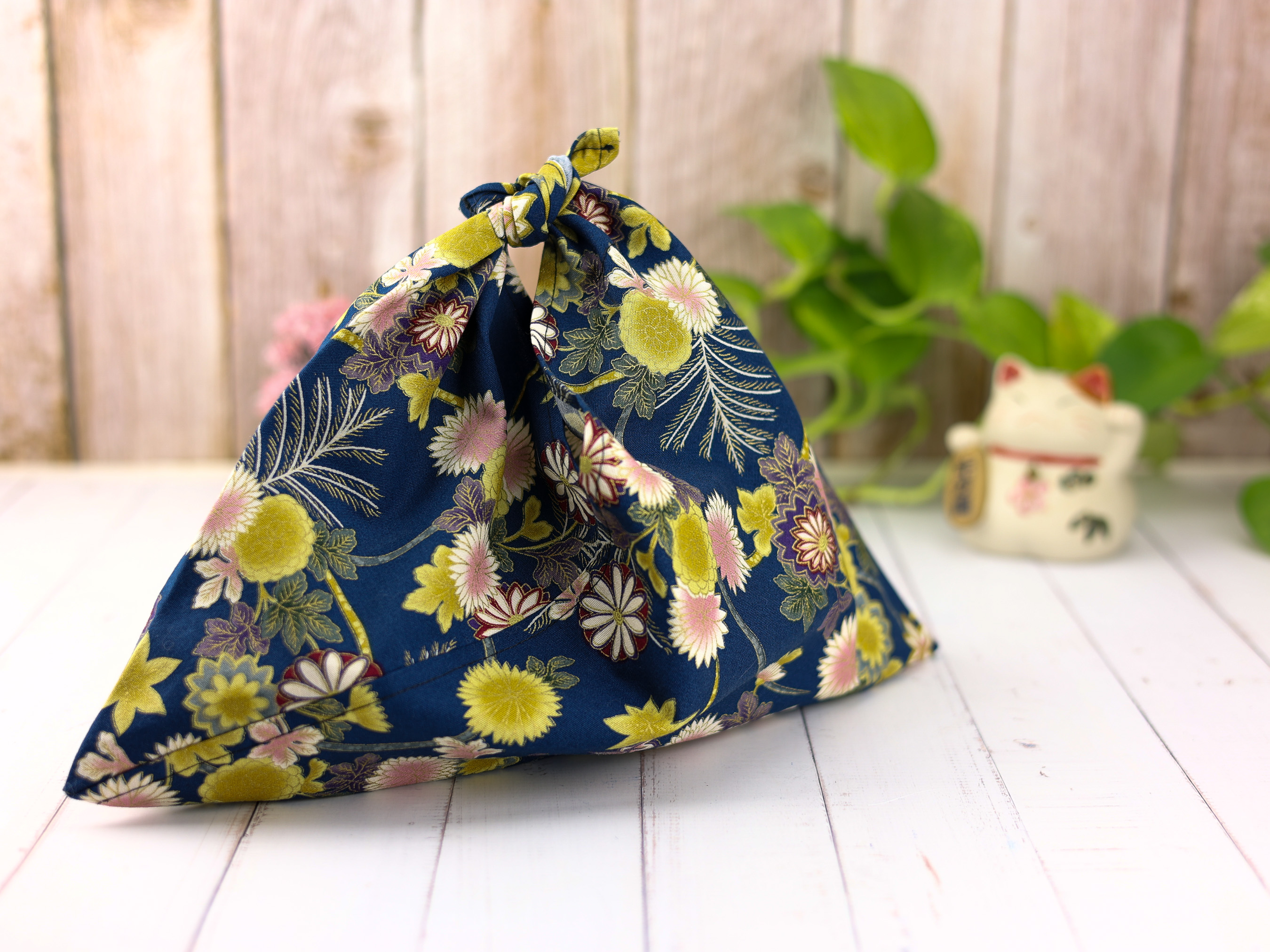 Japanese Azuma Bag – Navy Floral Chrysanthemum Fabric, Unlined Cotton Eco Tote, Handmade in Canada
