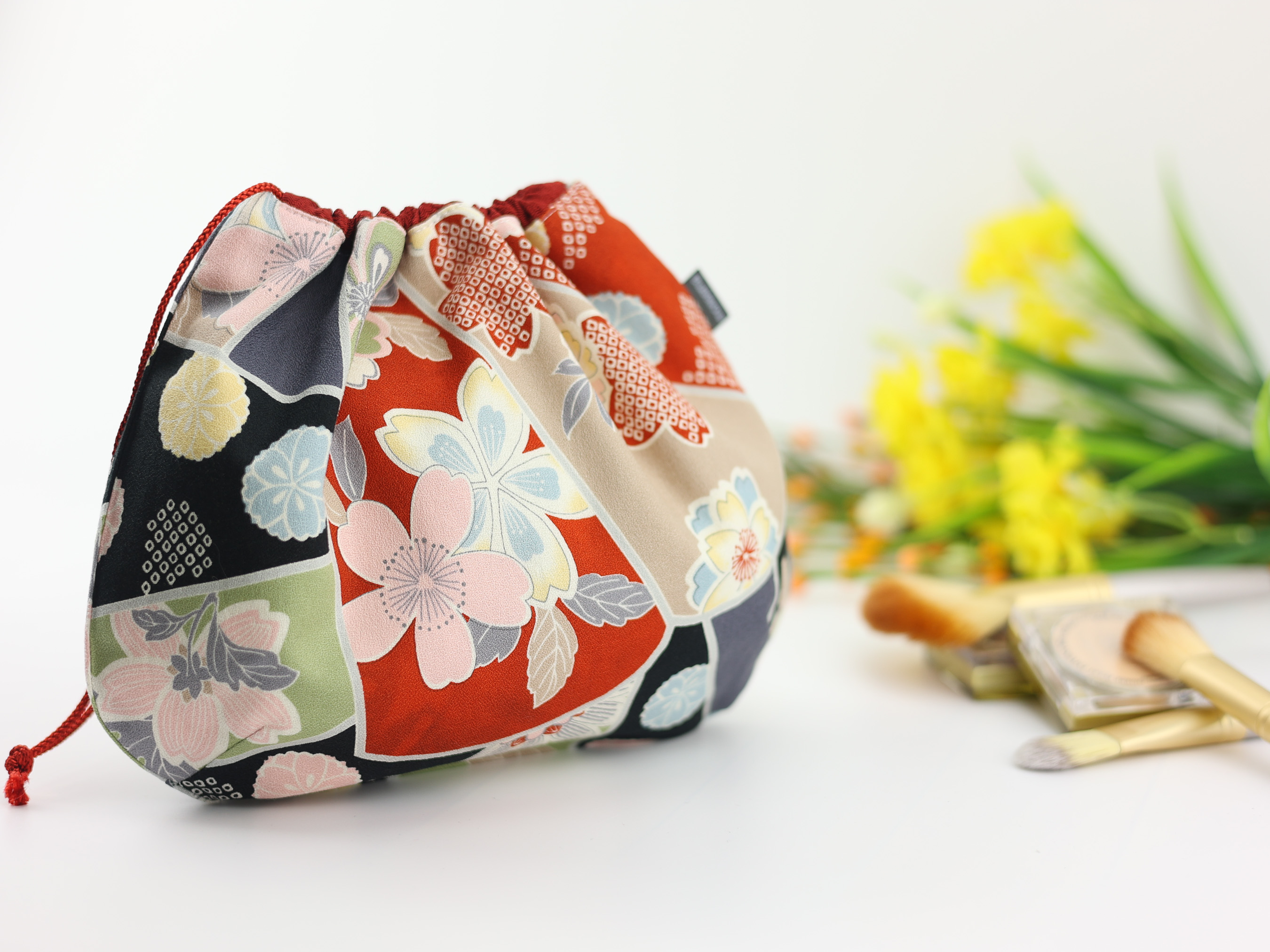 Japanese Patchwork Pouch – Sakura & Plum Floral Drawstring Bag